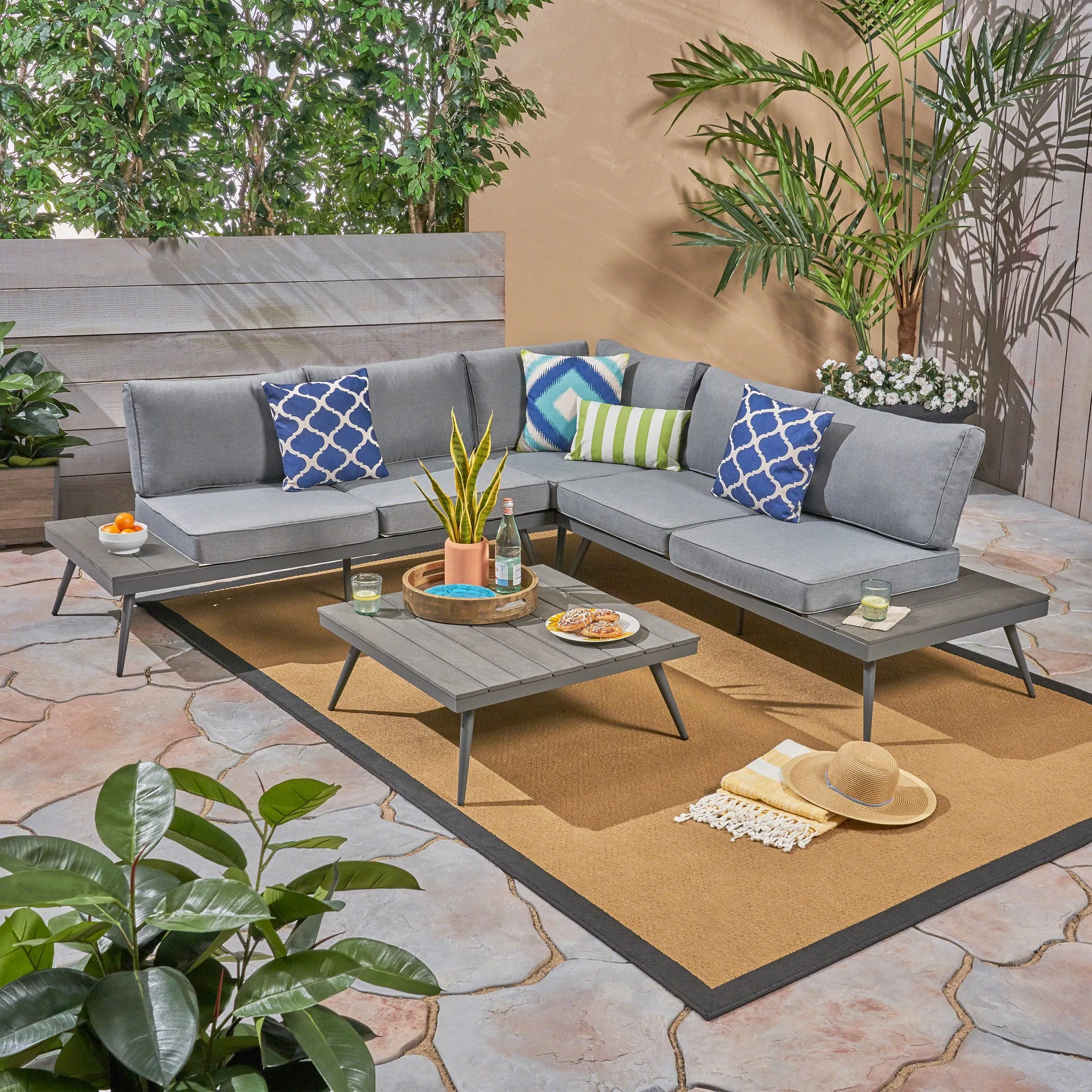 Outdoor Wood and Aluminum V-Shaped 5 Seater Sofa Set - NH321503 patio chairs, outdoor seating