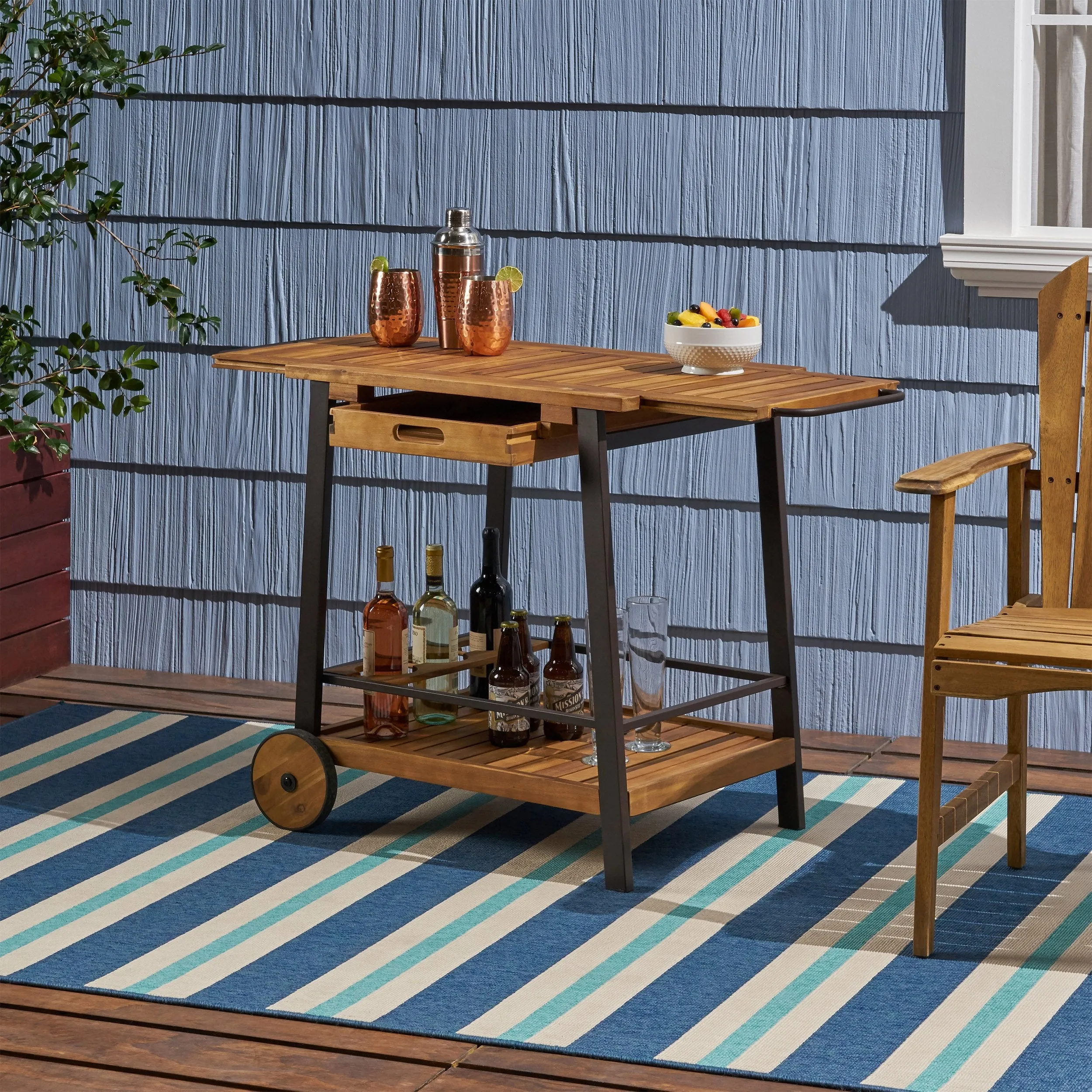 Outdoor Wood and Iron Bar Cart with Tray Top and Bottle Holders - NH858803 patio chairs, outdoor seating