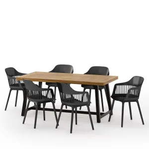 Outdoor Wood and Resin 7 Piece Dining Set, Black and Sandblasted Teak - NH830513 patio chairs, outdoor seating