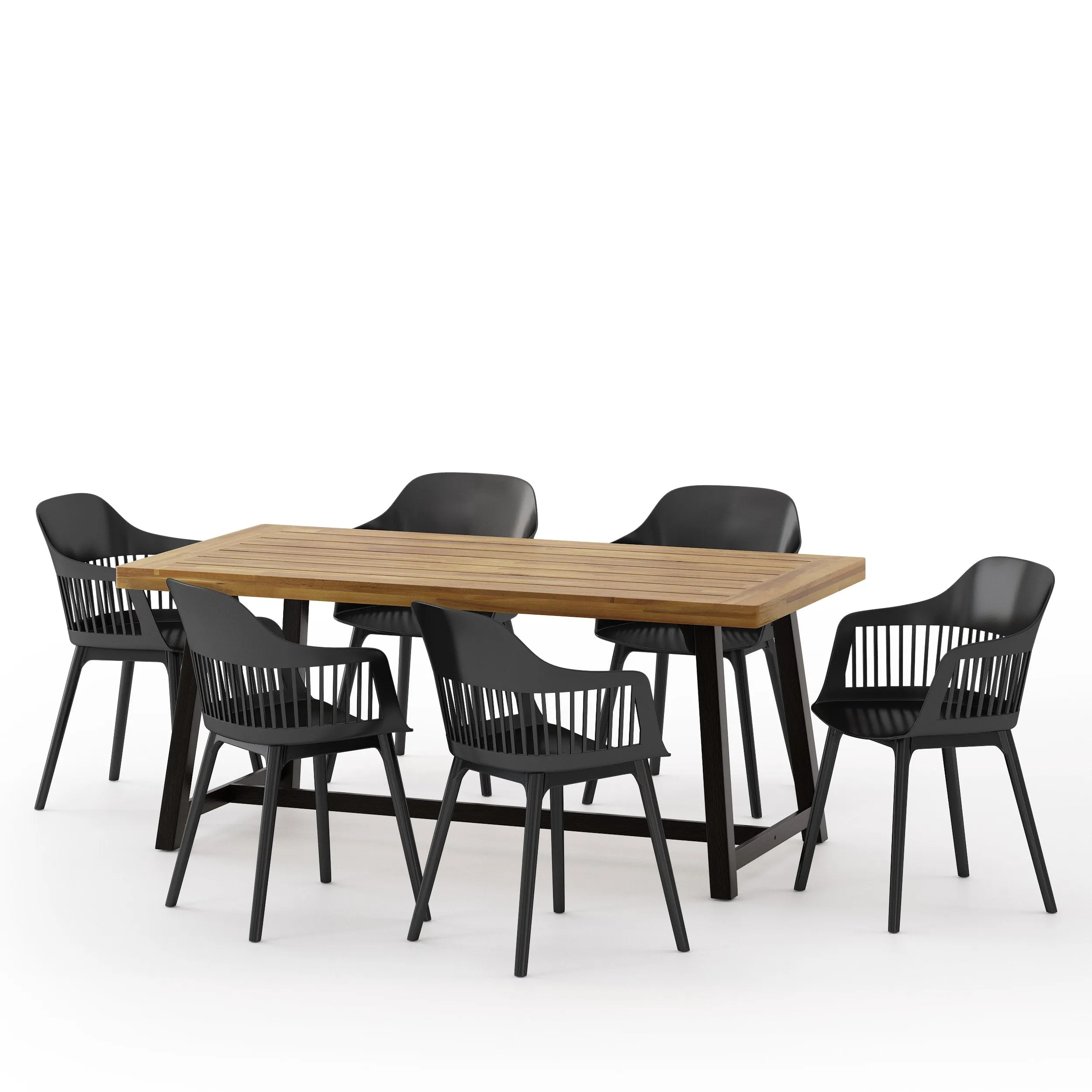 Outdoor Wood and Resin 7 Piece Dining Set, Black and Sandblasted Teak - NH830513 patio chairs, outdoor seating