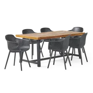 Outdoor Wood and Resin 7 Piece Dining Set, Black and Sandblasted Teak - NH930513 patio chairs, outdoor seating
