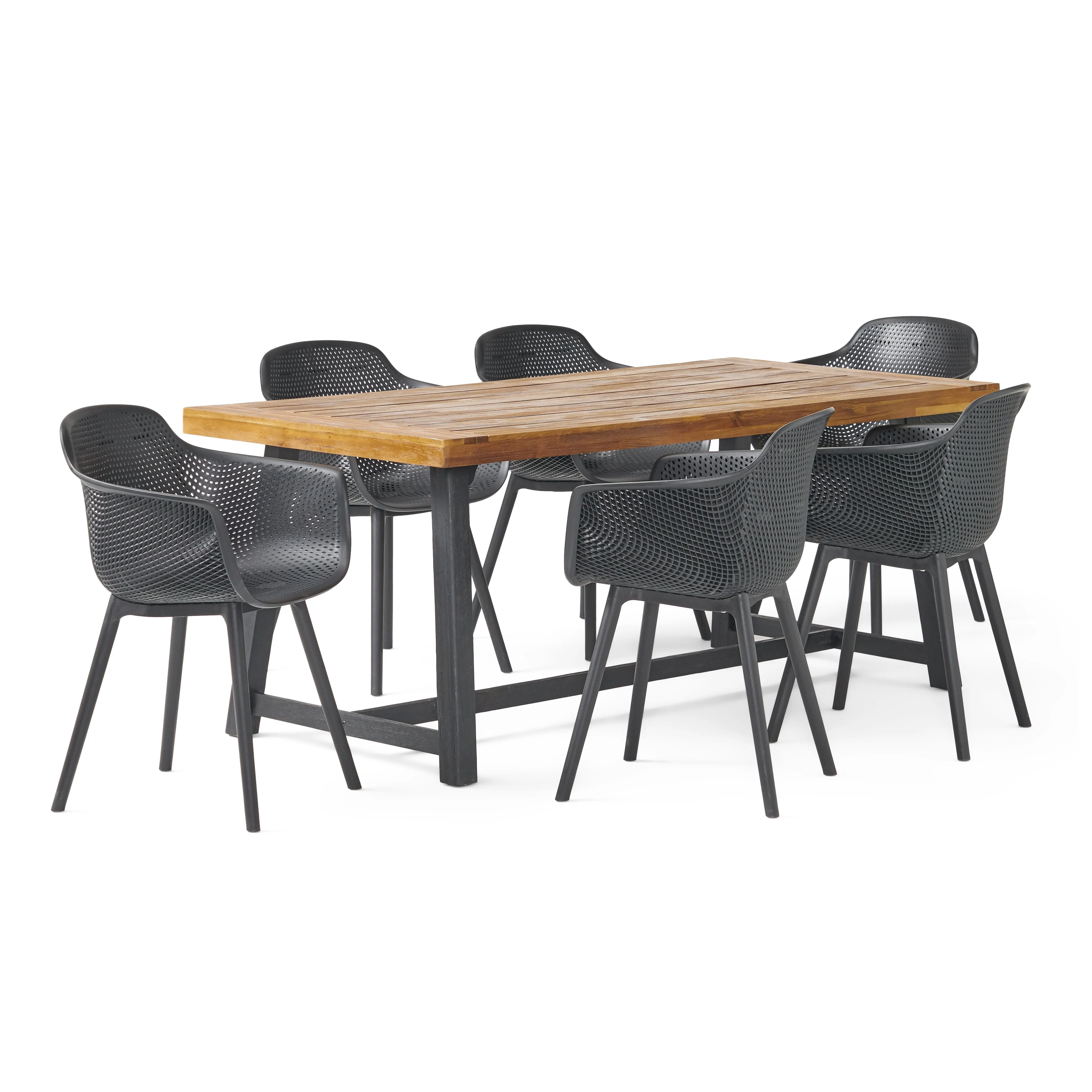 Outdoor Wood and Resin 7 Piece Dining Set, Black and Sandblasted Teak - NH930513 patio chairs, outdoor seating