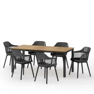 Outdoor Wood and Resin 7 Piece Dining Set, Black and Teak - NH150513 patio chairs, outdoor seating