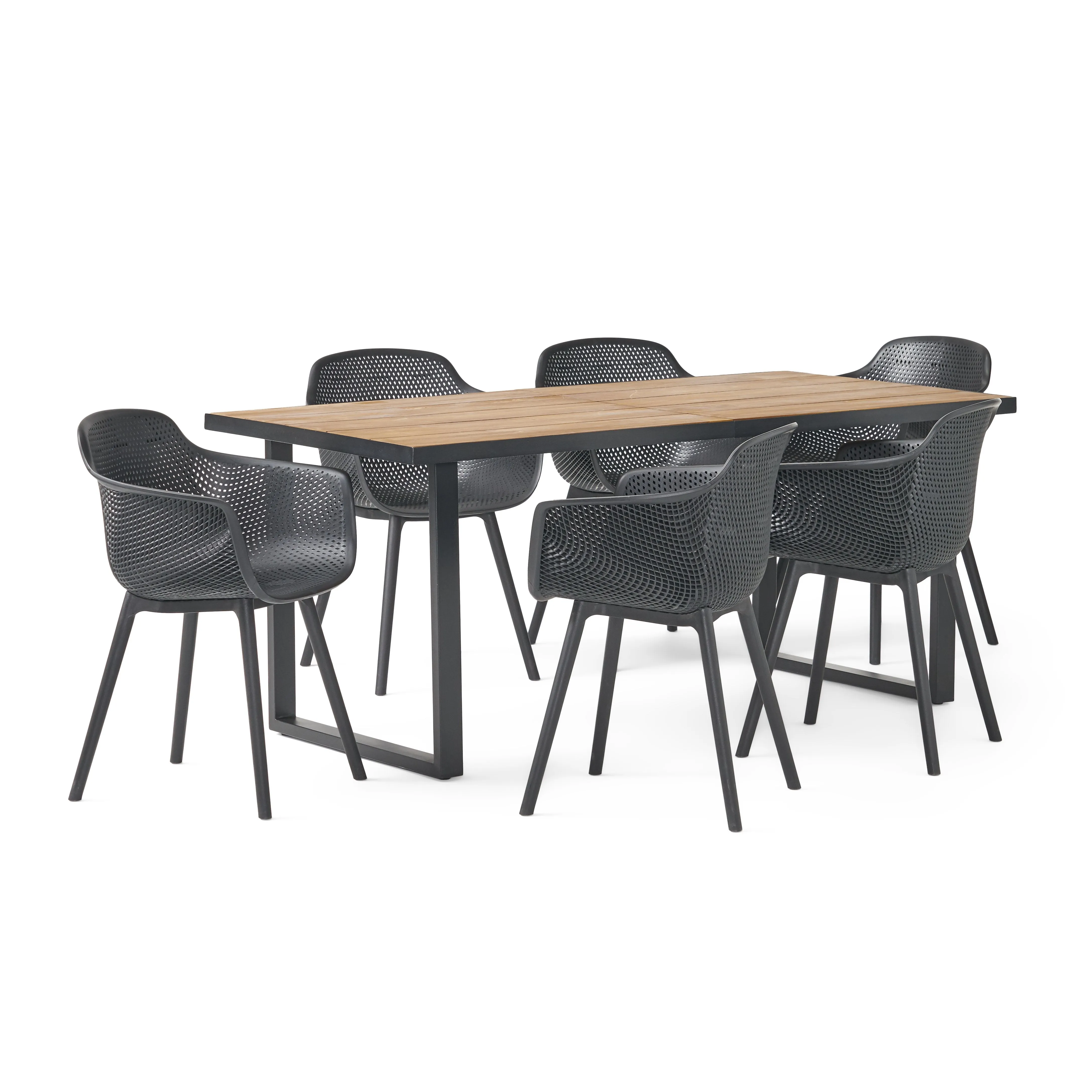 Outdoor Wood and Resin 7 Piece Dining Set, Black and Teak - NH240513 patio chairs, outdoor seating