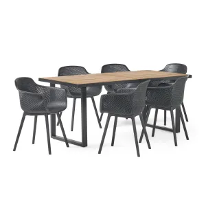Outdoor Wood and Resin 7 Piece Dining Set, Black and Teak - NH240513 patio chairs, outdoor seating