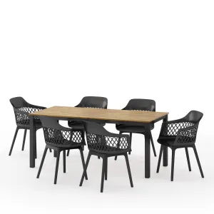 Outdoor Wood and Resin 7 Piece Dining Set, Black and Teak - NH350513 patio chairs, outdoor seating