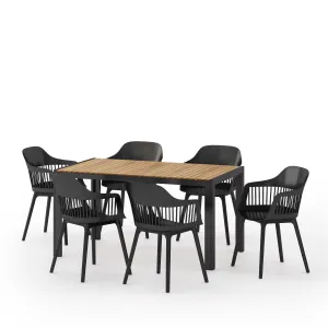 Outdoor Wood and Resin 7 Piece Dining Set, Black and Teak - NH840513 patio chairs, outdoor seating