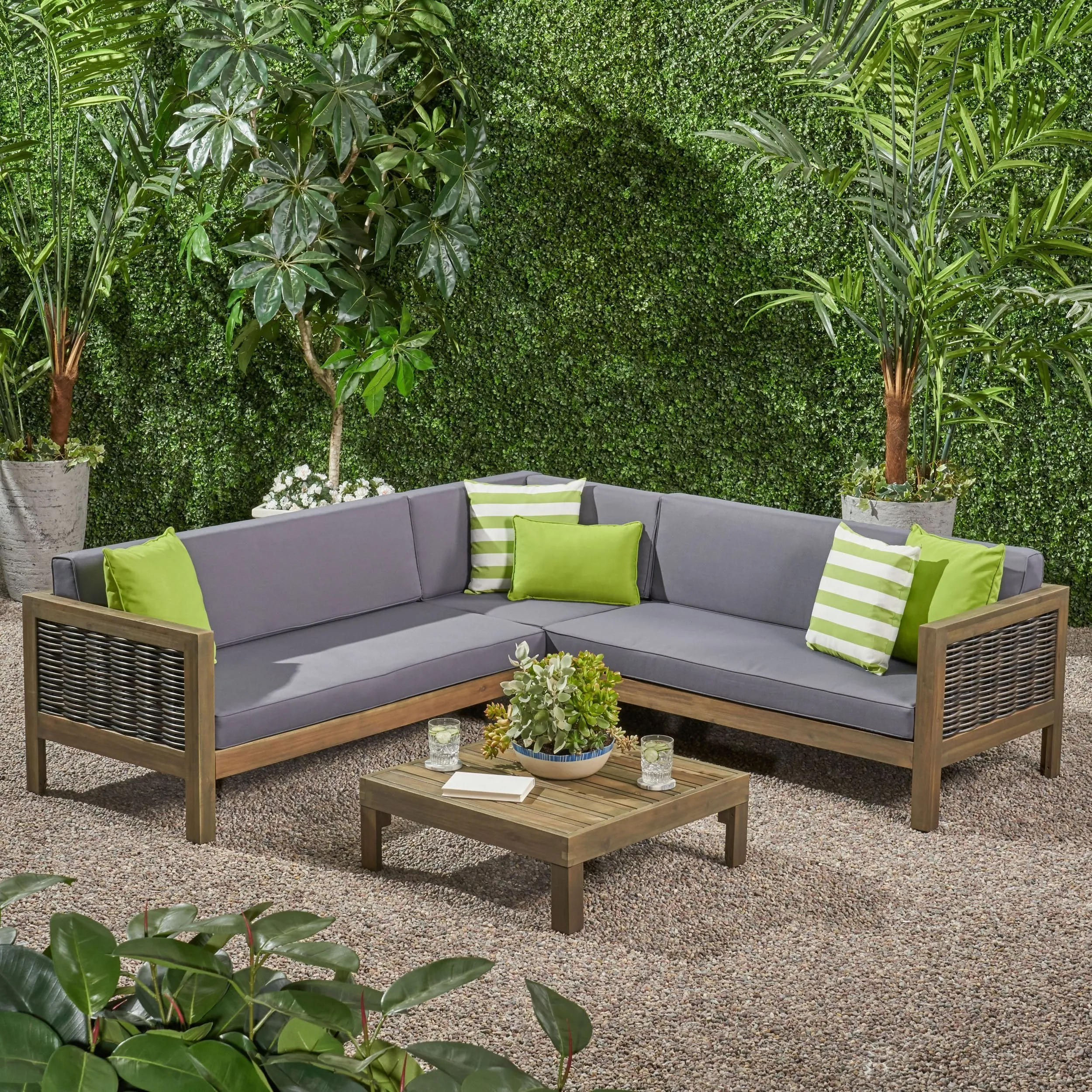 Outdoor Wood and Wicker 5 Seater Sectional Sofa and Coffee Table Set - NH325903