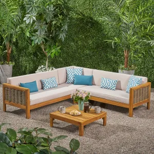 Outdoor Wood and Wicker 5 Seater Sectional Sofa and Coffee Table Set - NH325903 serving bowl, serving dish