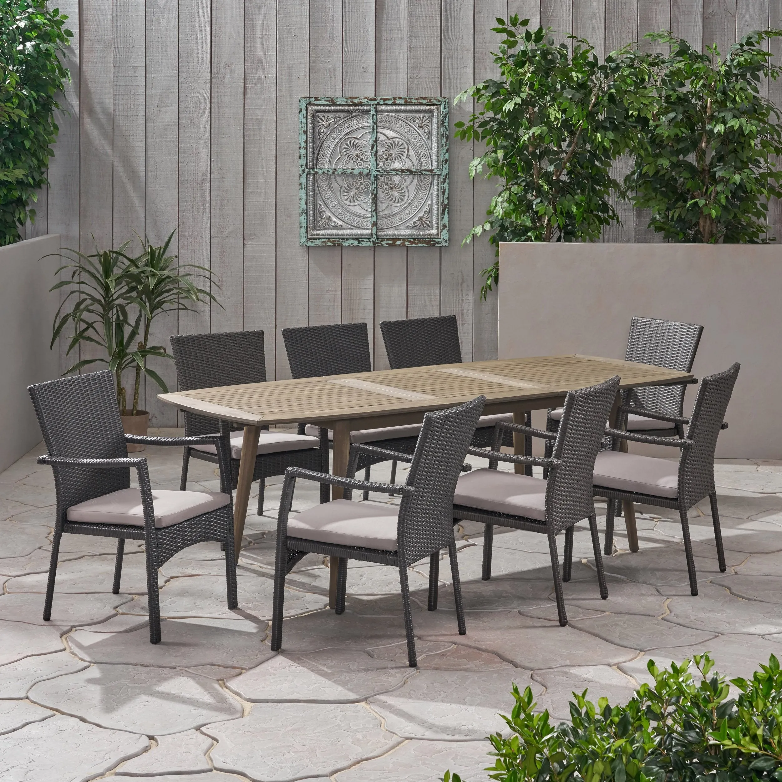Outdoor Wood and Wicker Expandable 8 Seater Dining Set - NH416903