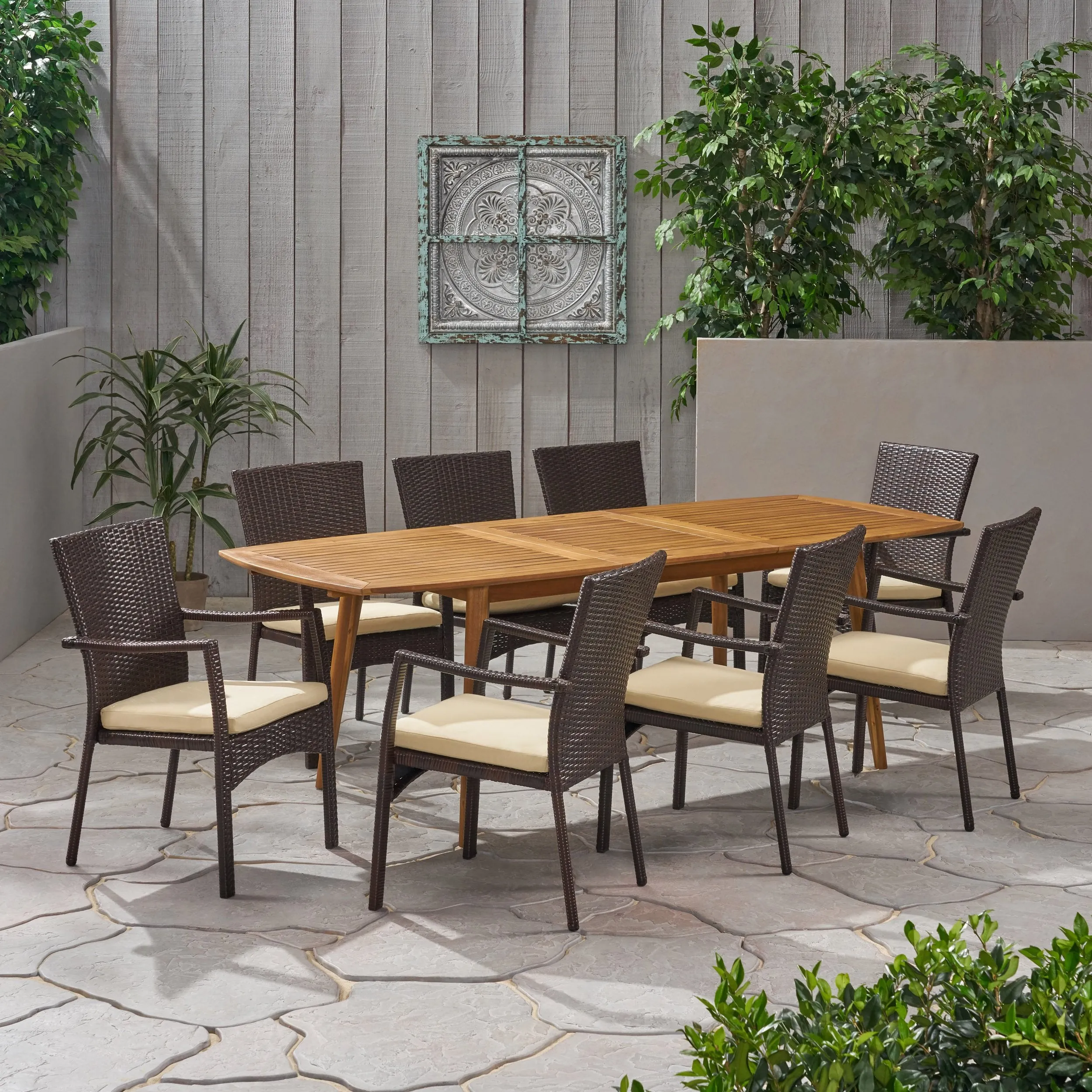 Outdoor Wood and Wicker Expandable 8 Seater Dining Set - NH416903 patio chairs, outdoor seating