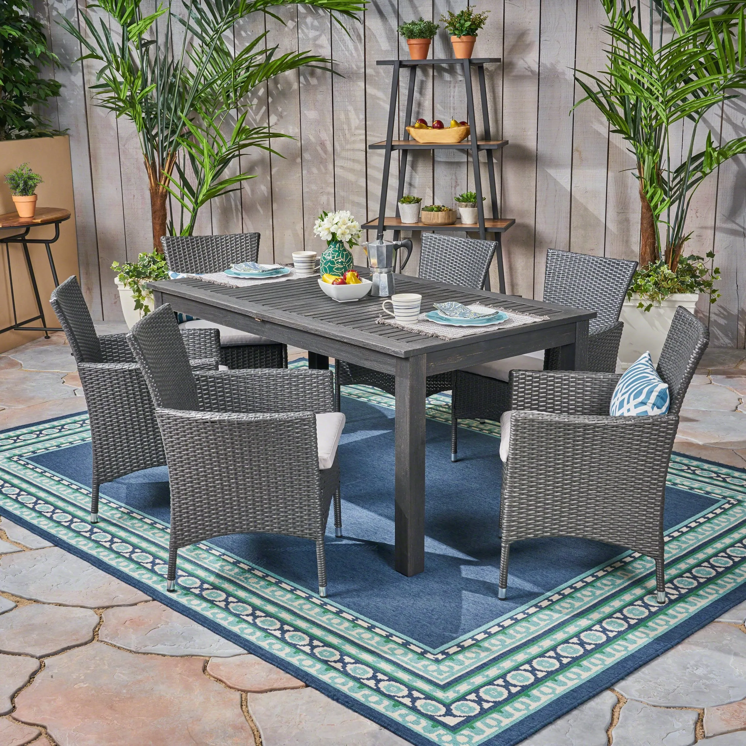 Outdoor Wood and Wicker Expandable Dining Set - NH354503 patio chairs, outdoor seating