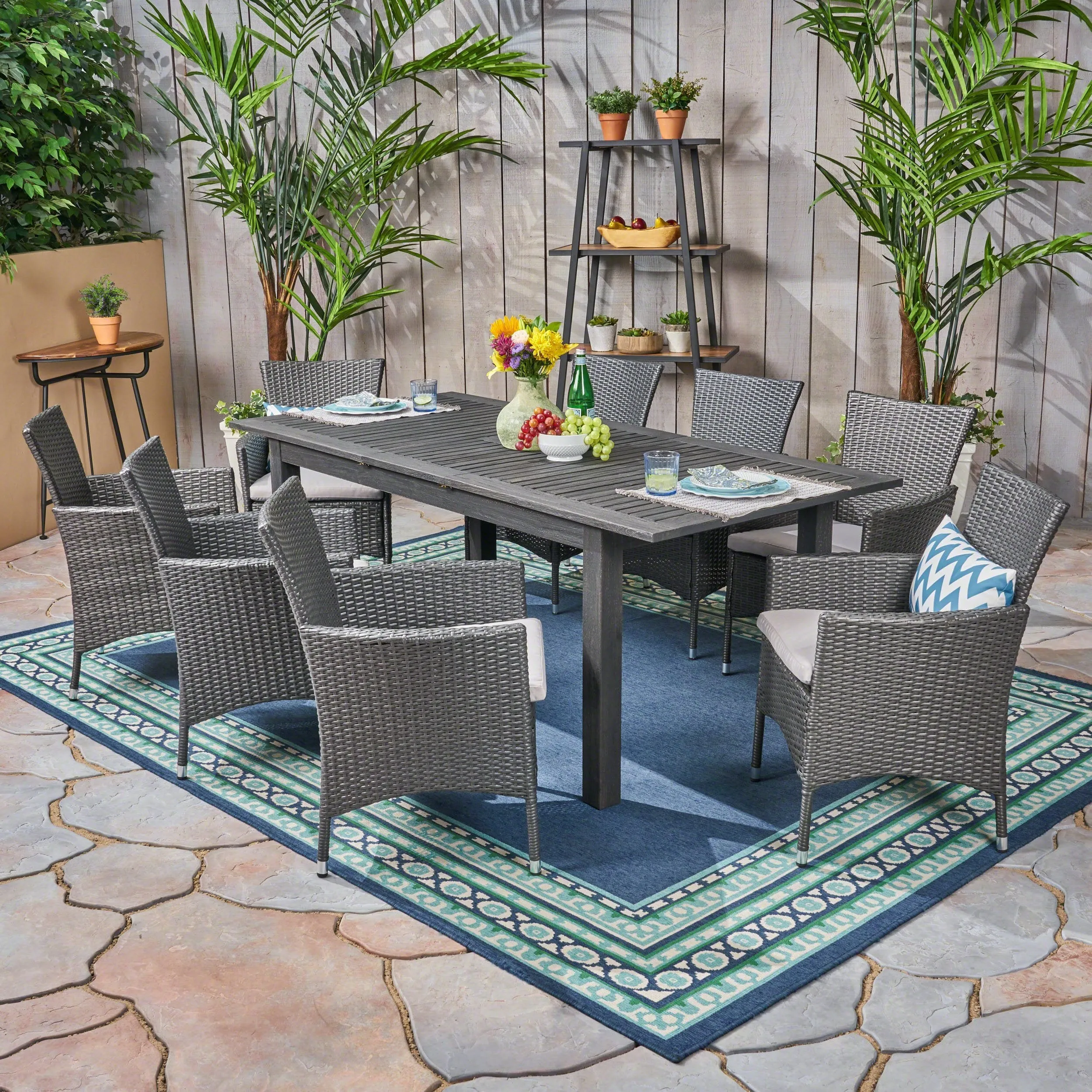 Outdoor Wood and Wicker Expandable Dining Set - NH354503