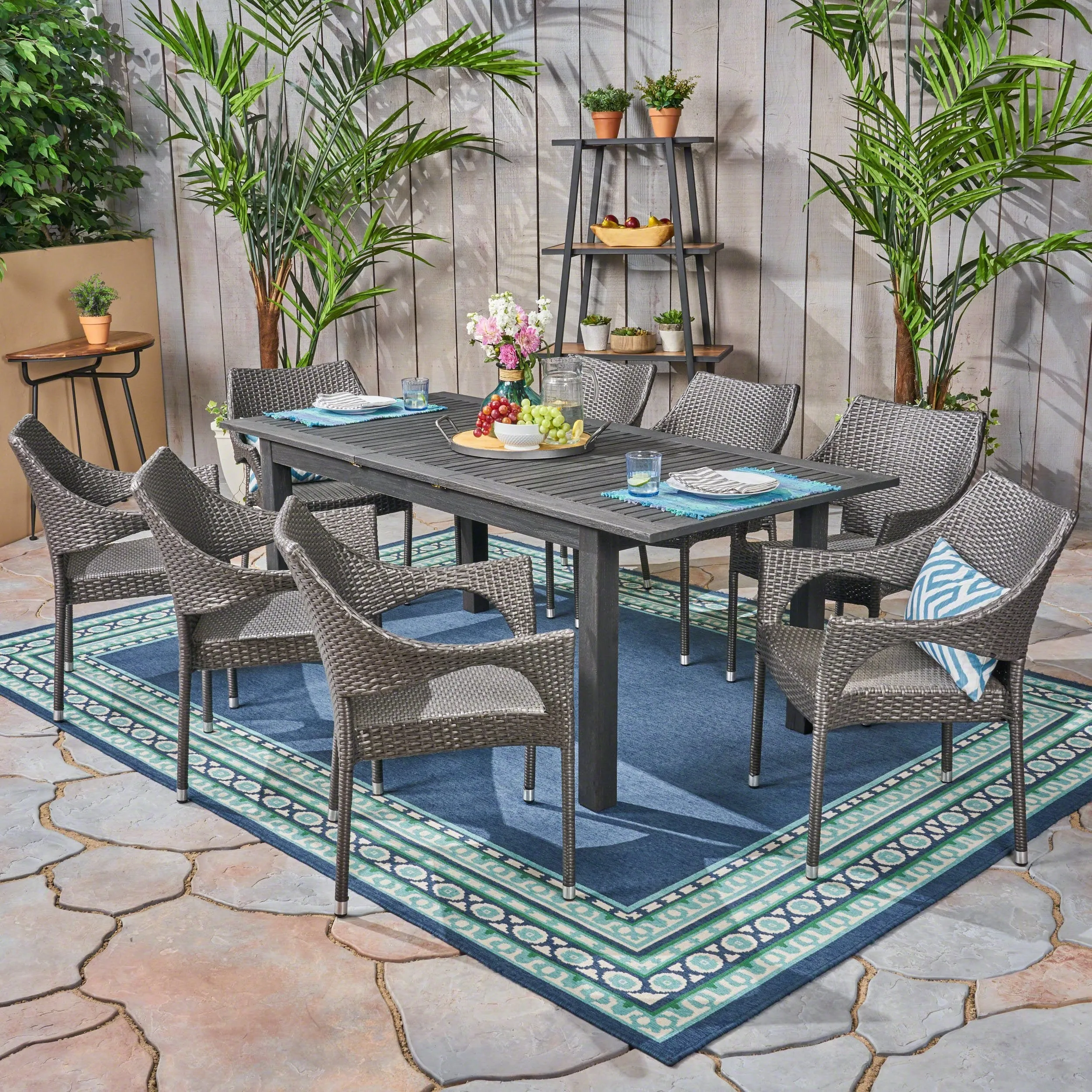 Outdoor Wood and Wicker Expandable Dining Set - NH754503