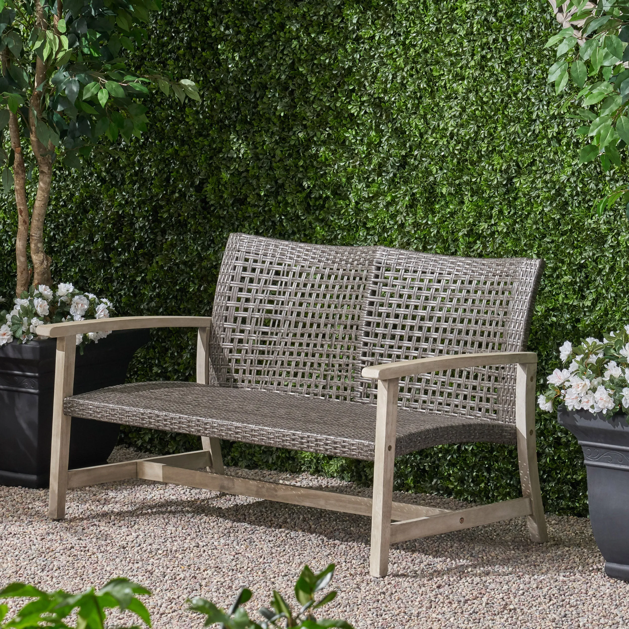 Outdoor Wood and Wicker Loveseat - NH997703 patio chairs, outdoor seating