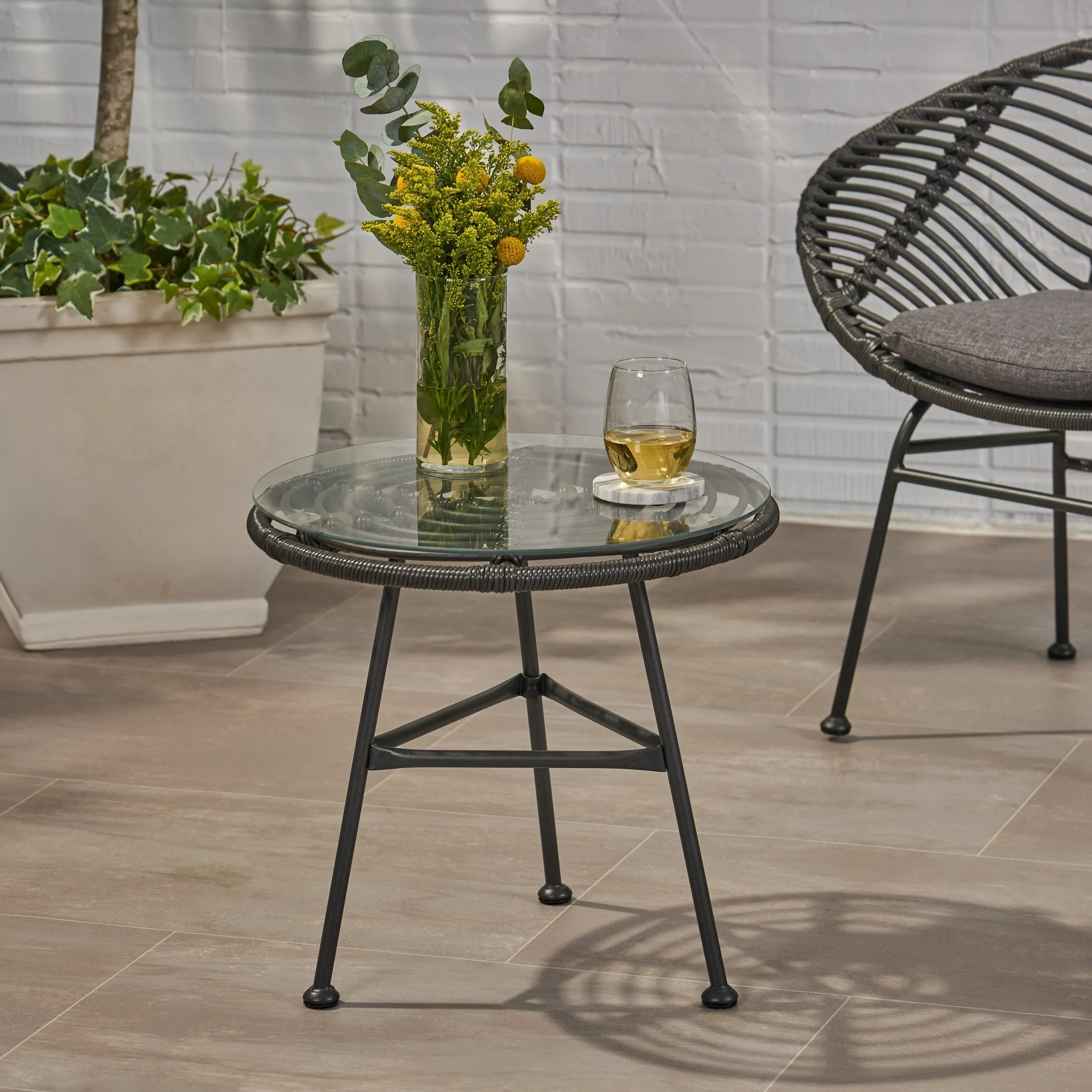 Outdoor Woven Faux Rattan Side Table with Glass Top - NH761903 coffee table, accent table