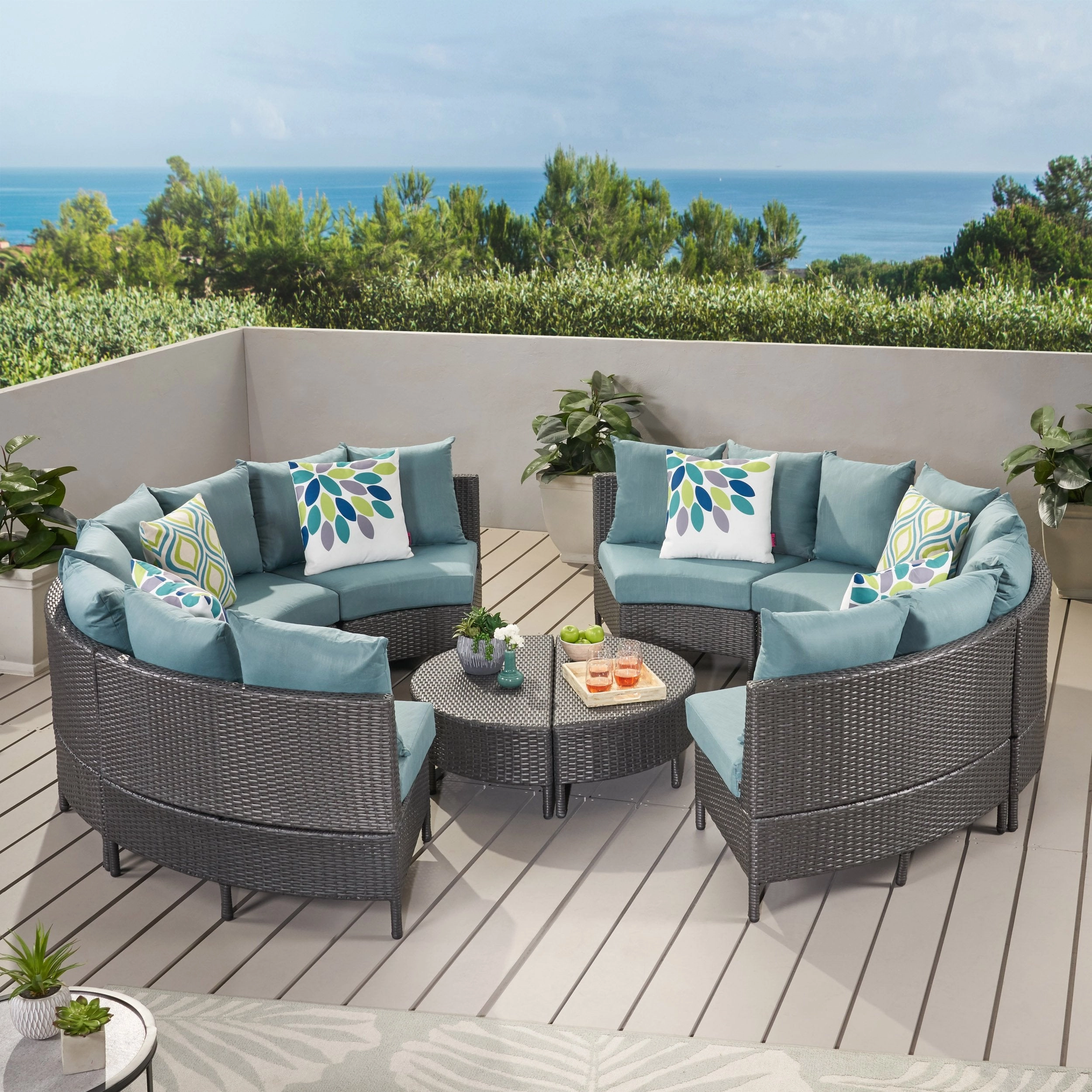 Outdoor 10 Piece Gray Wicker Sectional Sofa Set with Teal Cushions - NH406203 serving bowl, serving dish