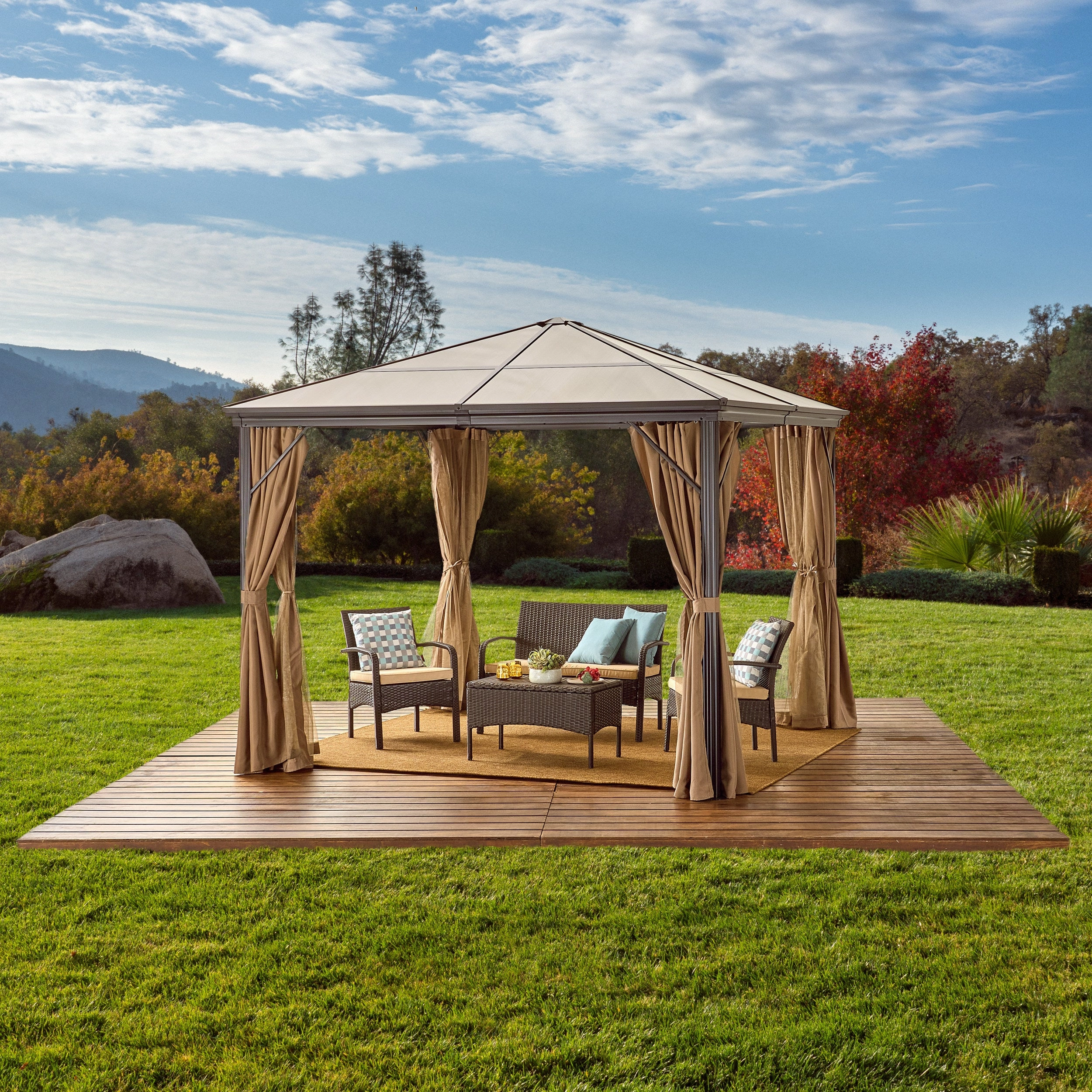 Outdoor 10 x 10 Foot Rust Proof Aluminum Framed Hardtop Gazebo with Curtains - NH873303 cowhide rug, luxury rug