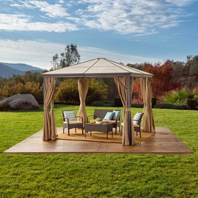 Outdoor 10 x 10 Foot Rust Proof Aluminum Framed Hardtop Gazebo with Curtains - NH873303 cowhide rug, luxury rug