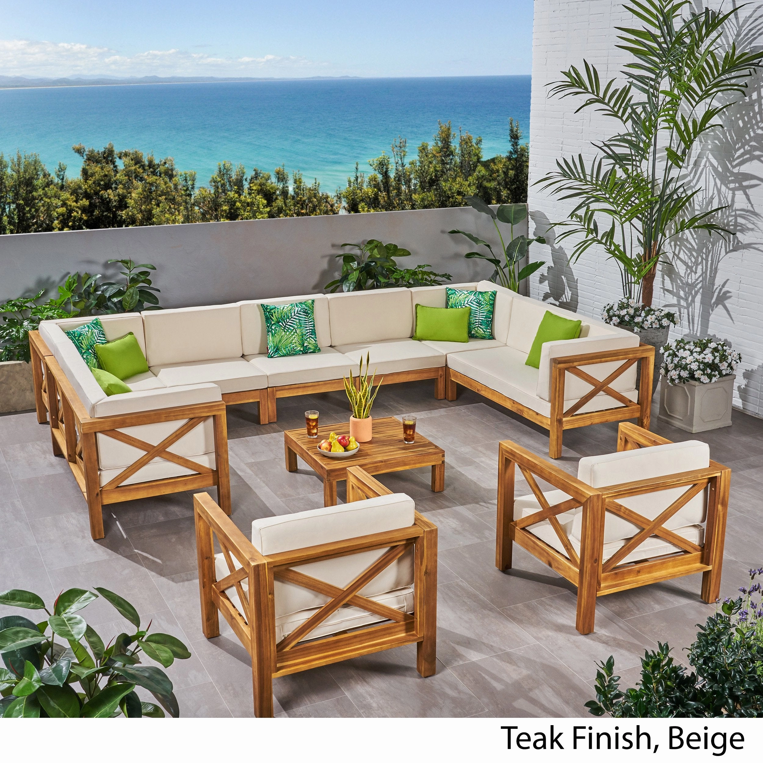 Outdoor 11 Seater Acacia Wood Sectional Sofa and Club Chair Set - NH044803