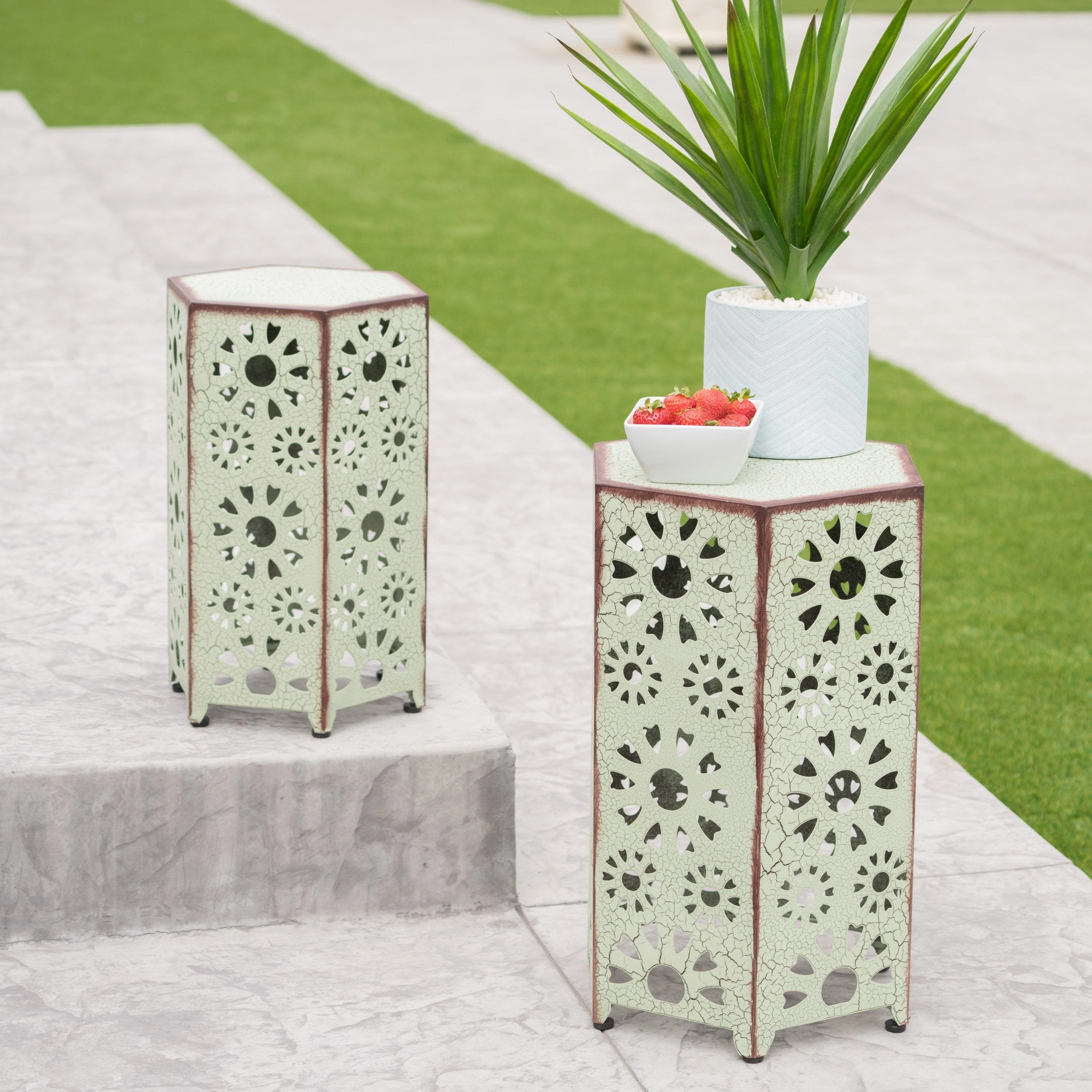 Outdoor 12 Inch and 14 Inch Crackle Green Sunburst Iron Side Table Set - NH069103 coffee table, accent table