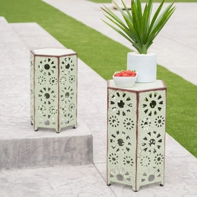 Outdoor 12 Inch and 14 Inch Crackle Green Sunburst Iron Side Table Set - NH069103 coffee table, accent table