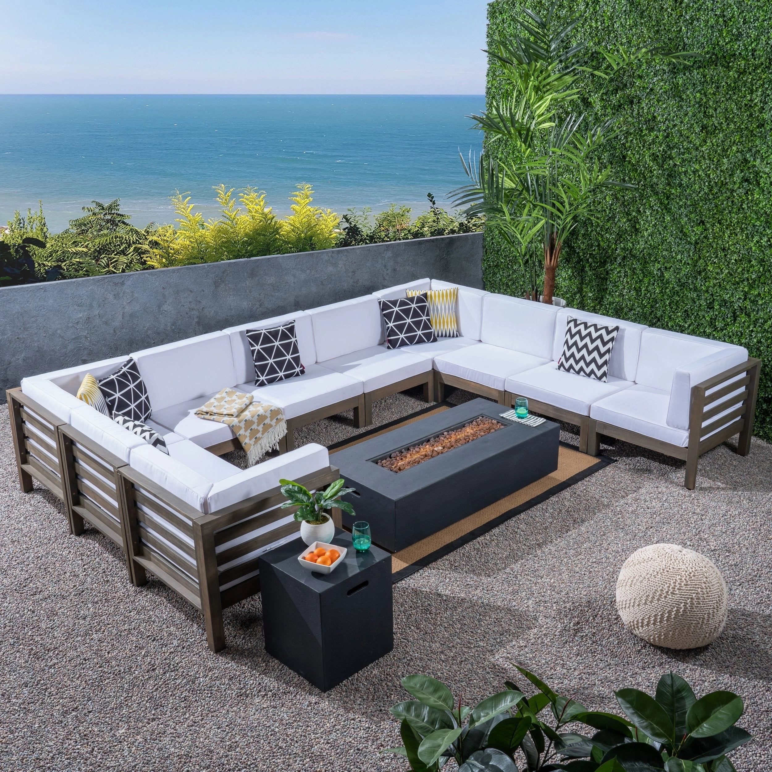Outdoor 12 Piece U-Shaped Sectional Sofa Set with Fire Pit - NH811703