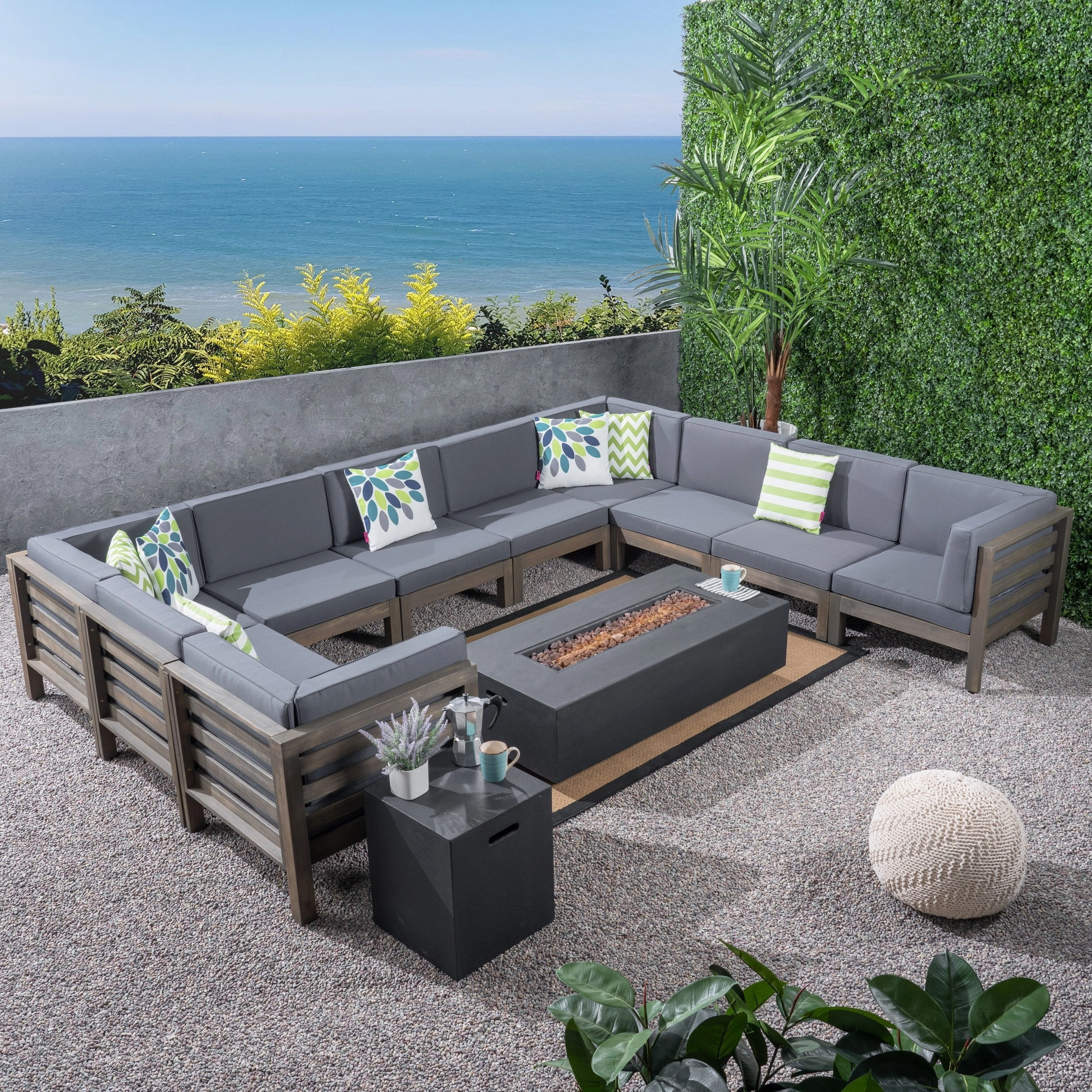 Outdoor 12 Piece U-Shaped Sectional Sofa Set with Fire Pit - NH811703