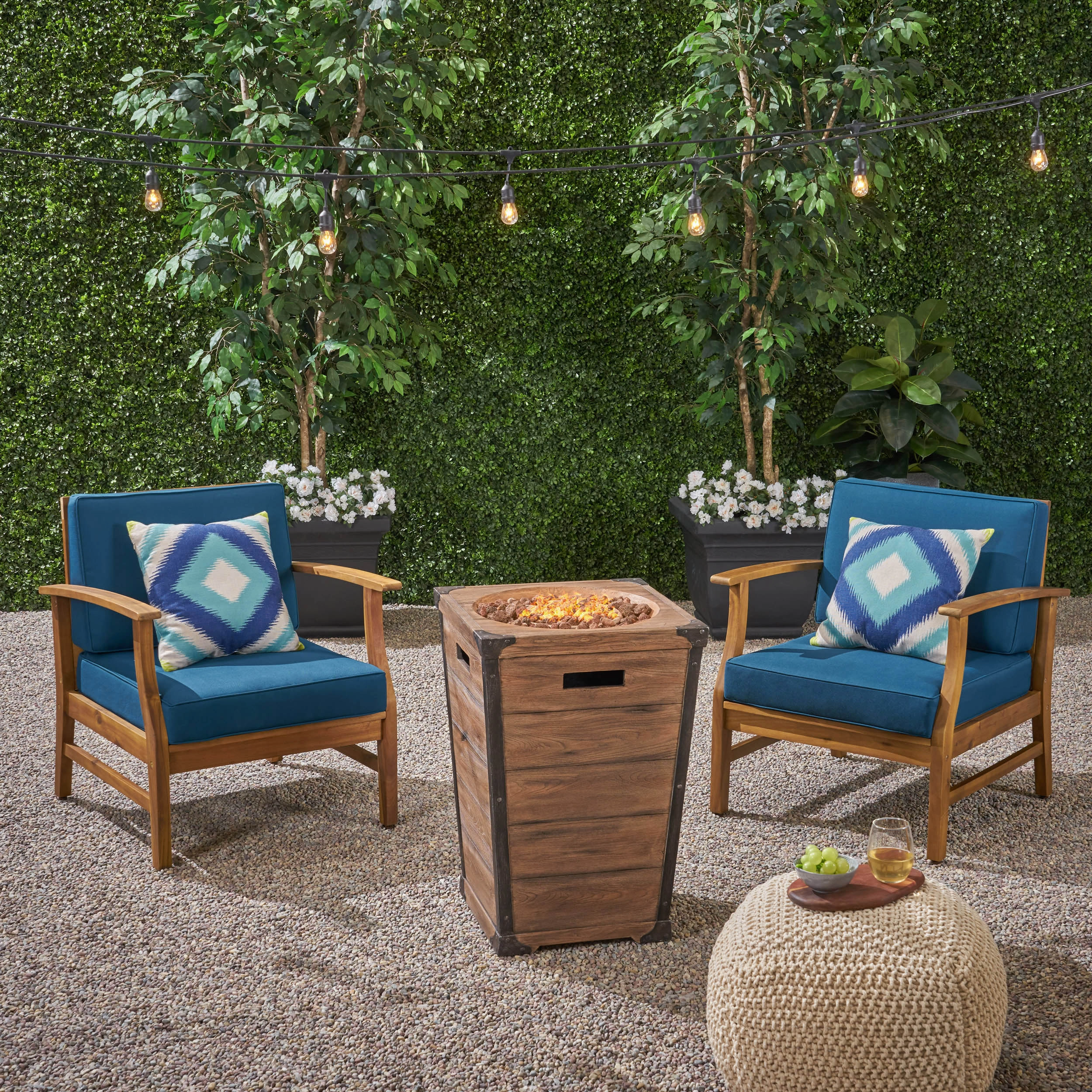Outdoor 2 Piece Acacia Wood Club Chair Set with Cushions and Fire Column - NH728703