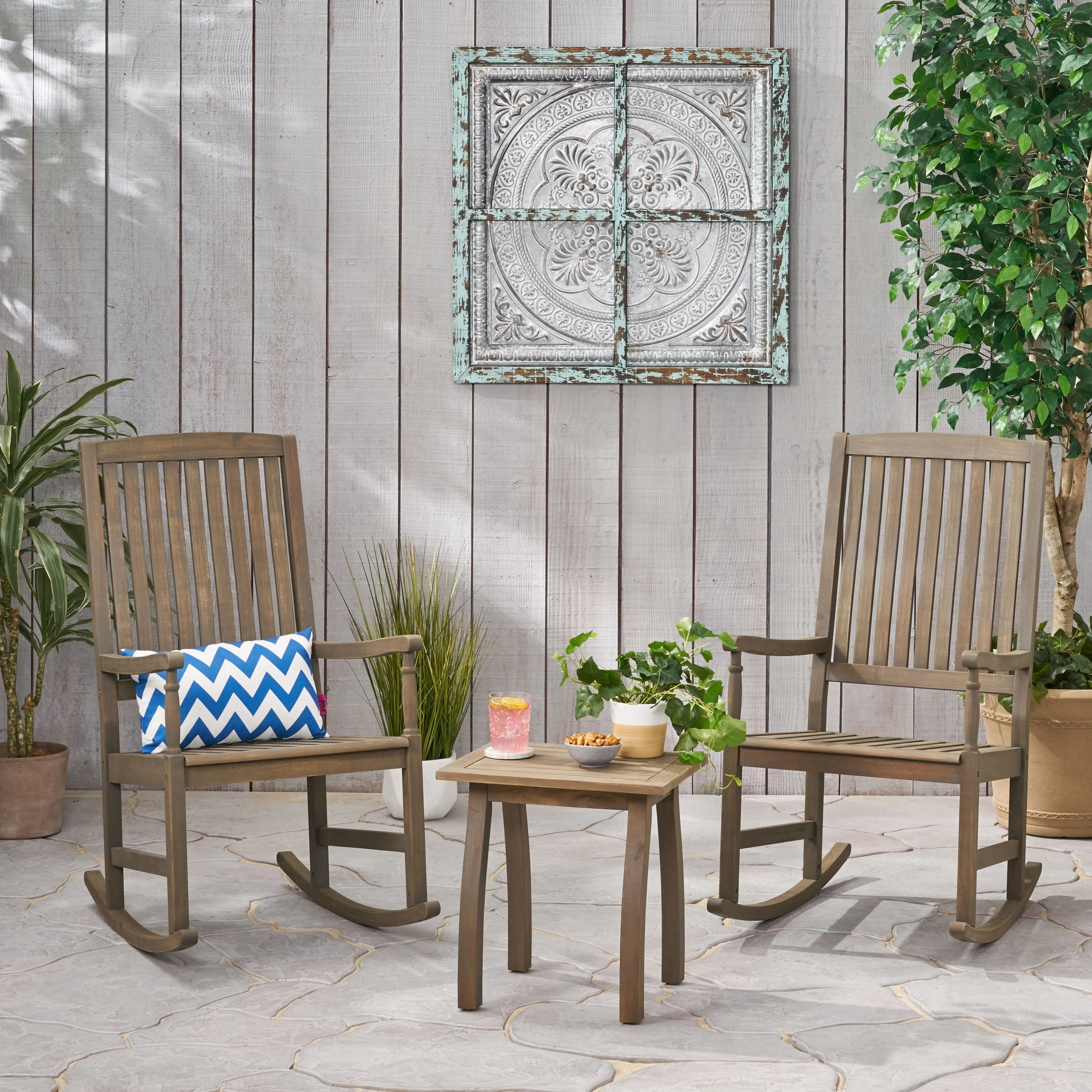 Outdoor 2 Seater Acacia Wood Rocking Chairs and Side Table Set - NH607903