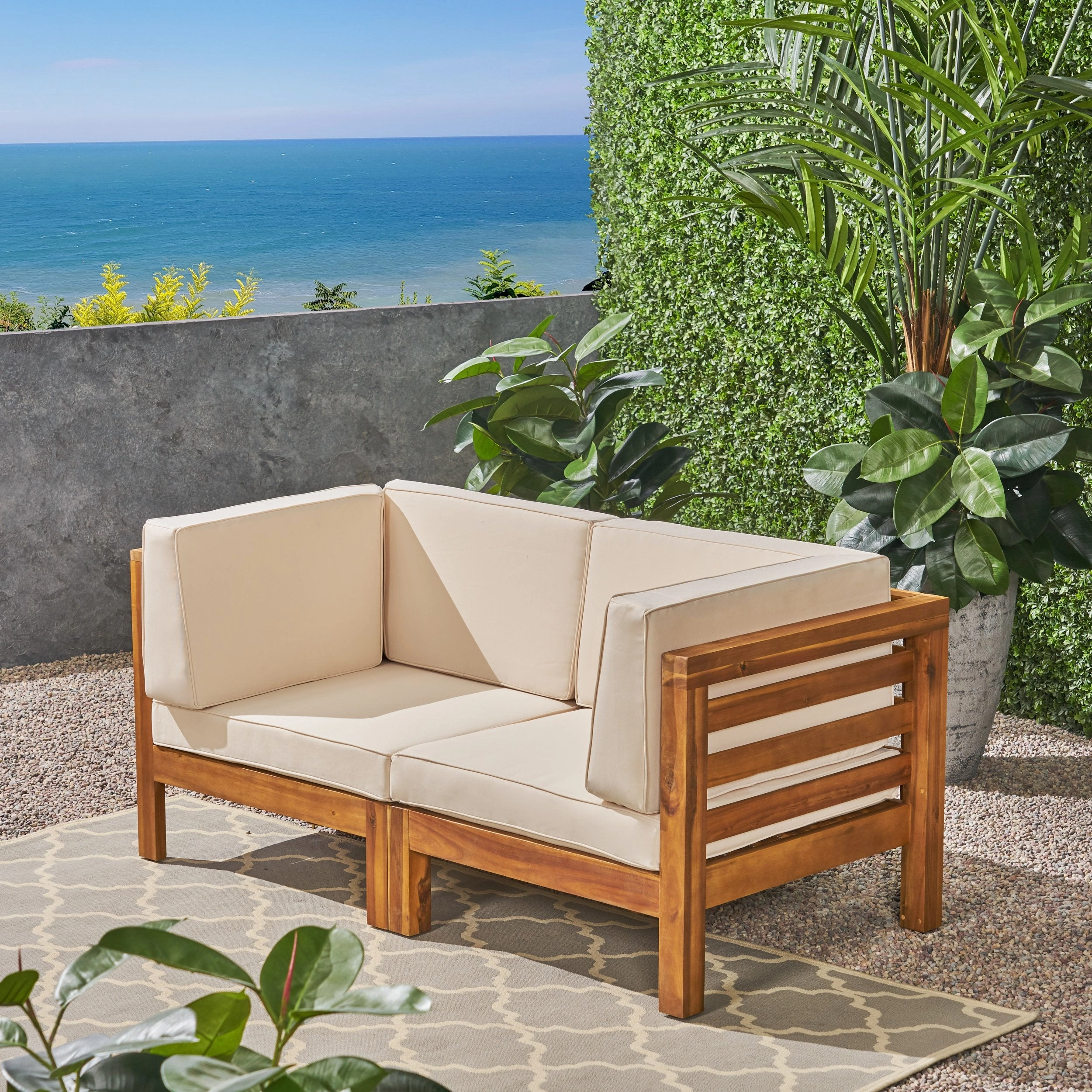 Outdoor 2-Seater Acacia Wood Sectional Loveseat Set with Cushions - NH230703