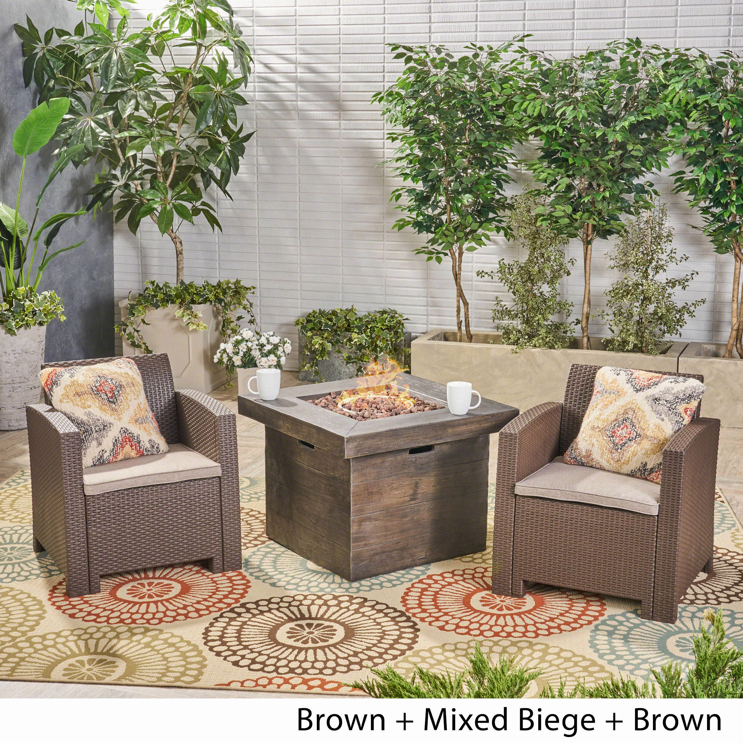 Outdoor 2-Seater Wicker Print Club Chair Chat Set with Fire Pit - NH413603