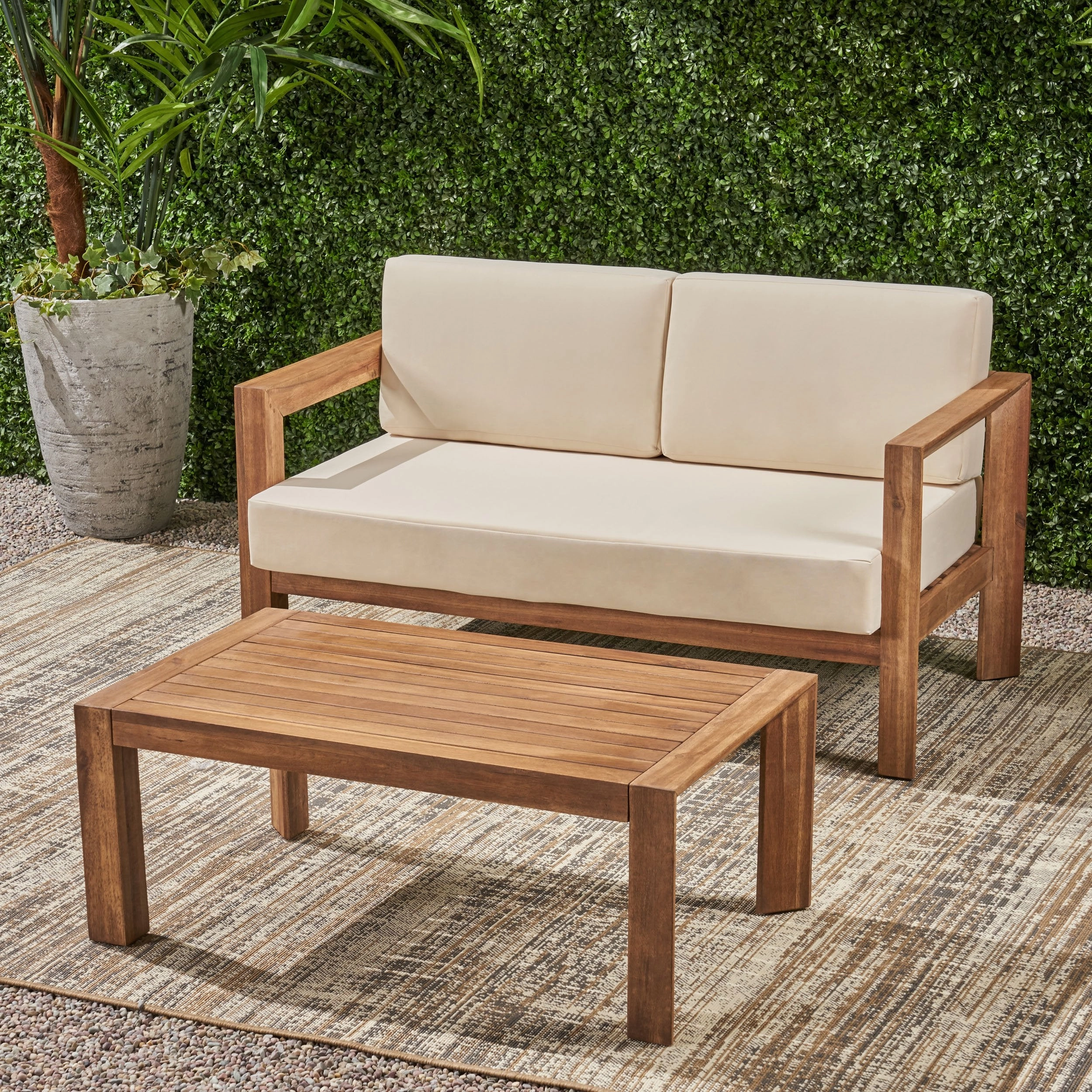 Outdoor 2 Seater Wooden Loveseat and Coffee Table Chat Set with Cushions, Beige and Brown Finish - NH272903 clothes rack, garment rack