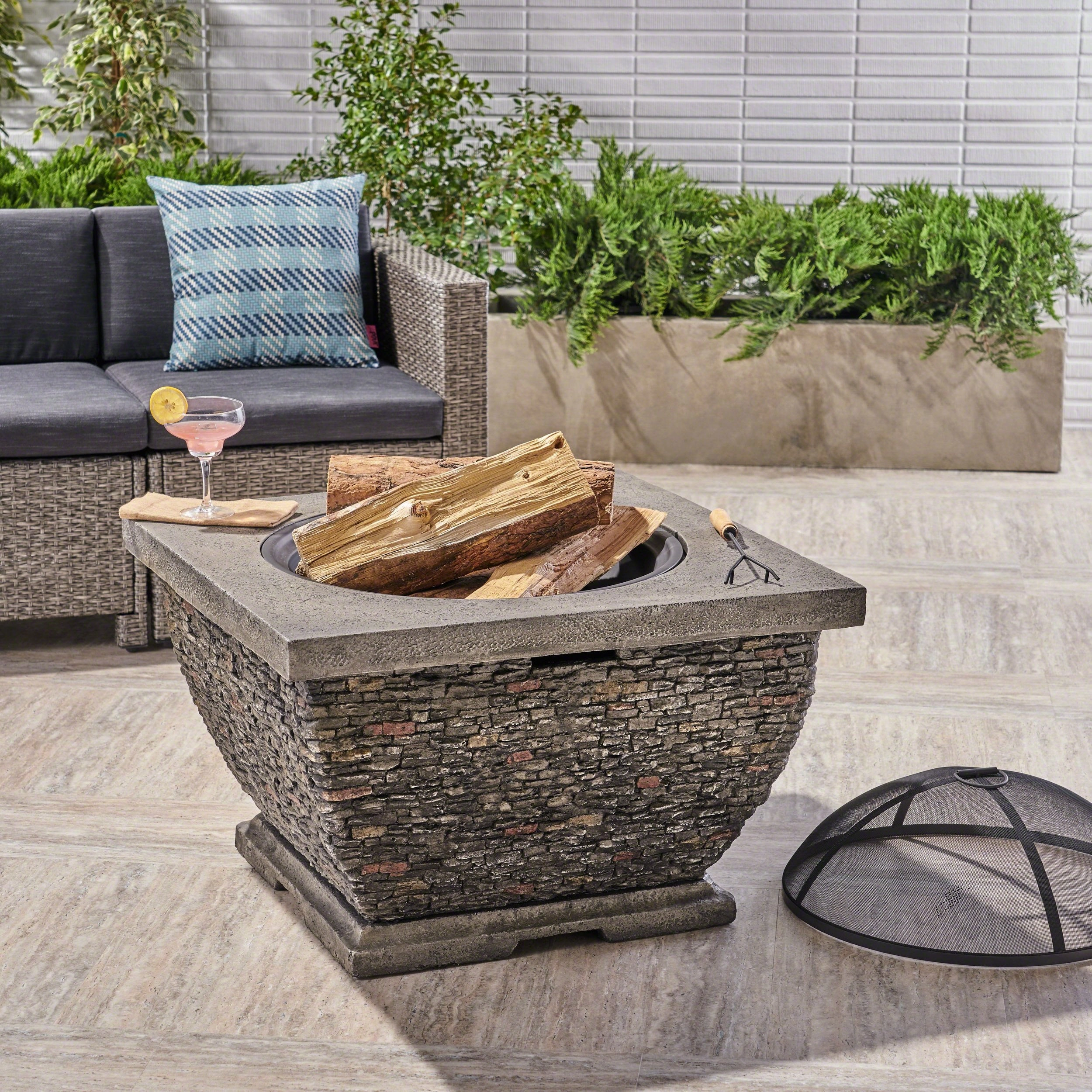 Outdoor 32-inch Wood Burning Light-Weight Concrete Square Fire Pit, Grey - NH384403 floor chair, tatami chair