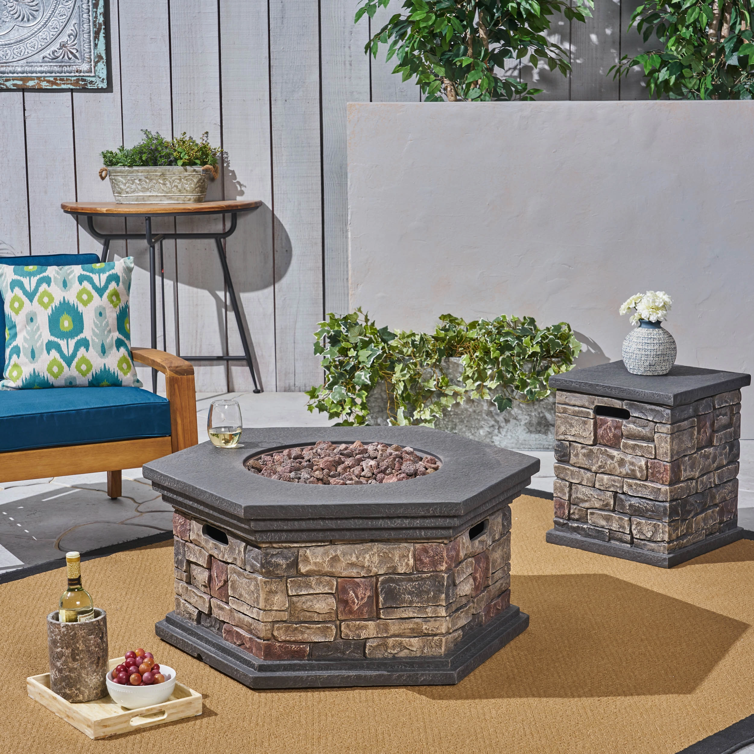 Outdoor 32" Octagonal Light Weight Concrete Fire Pit - 40,000 BTU, Mixed Brown - NH408703 floor chair, tatami chair