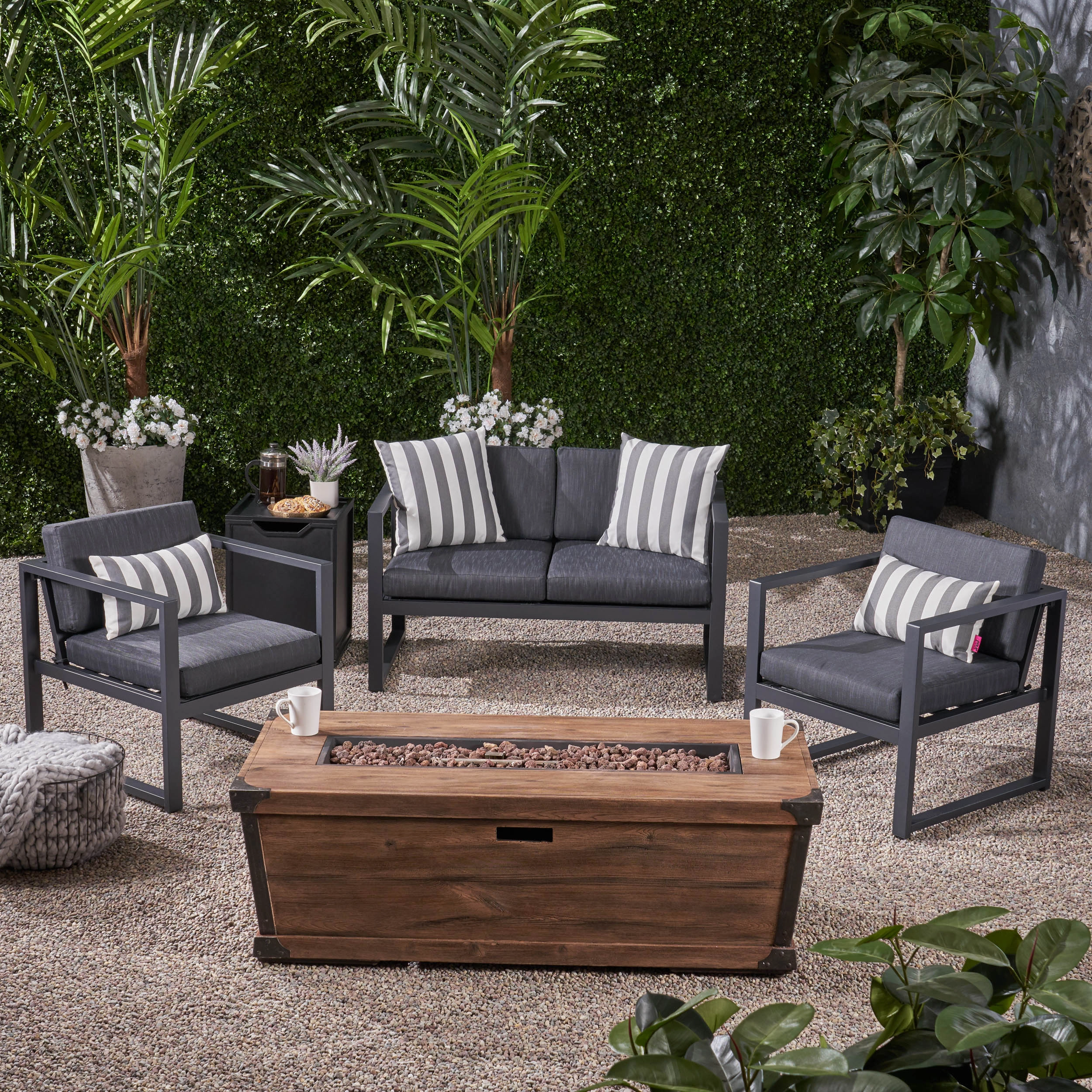 Outdoor 3 Piece Aluminum Chat Set with Cushions and Fire Pit - NH118703 clothes rack, garment rack