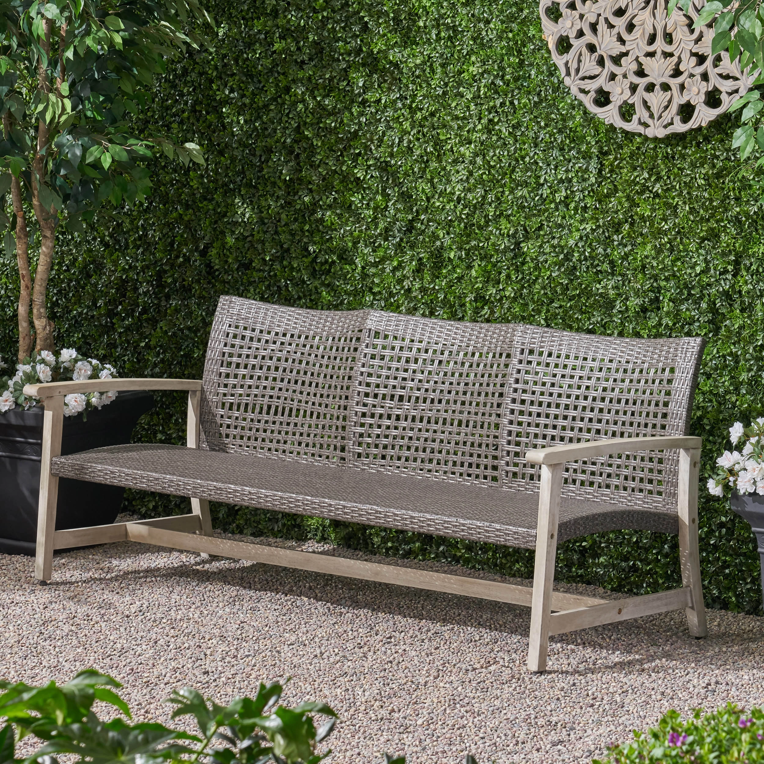 Outdoor 3-Seater Wicker Weave Sofa with Acacia Wood Frame - NH797703