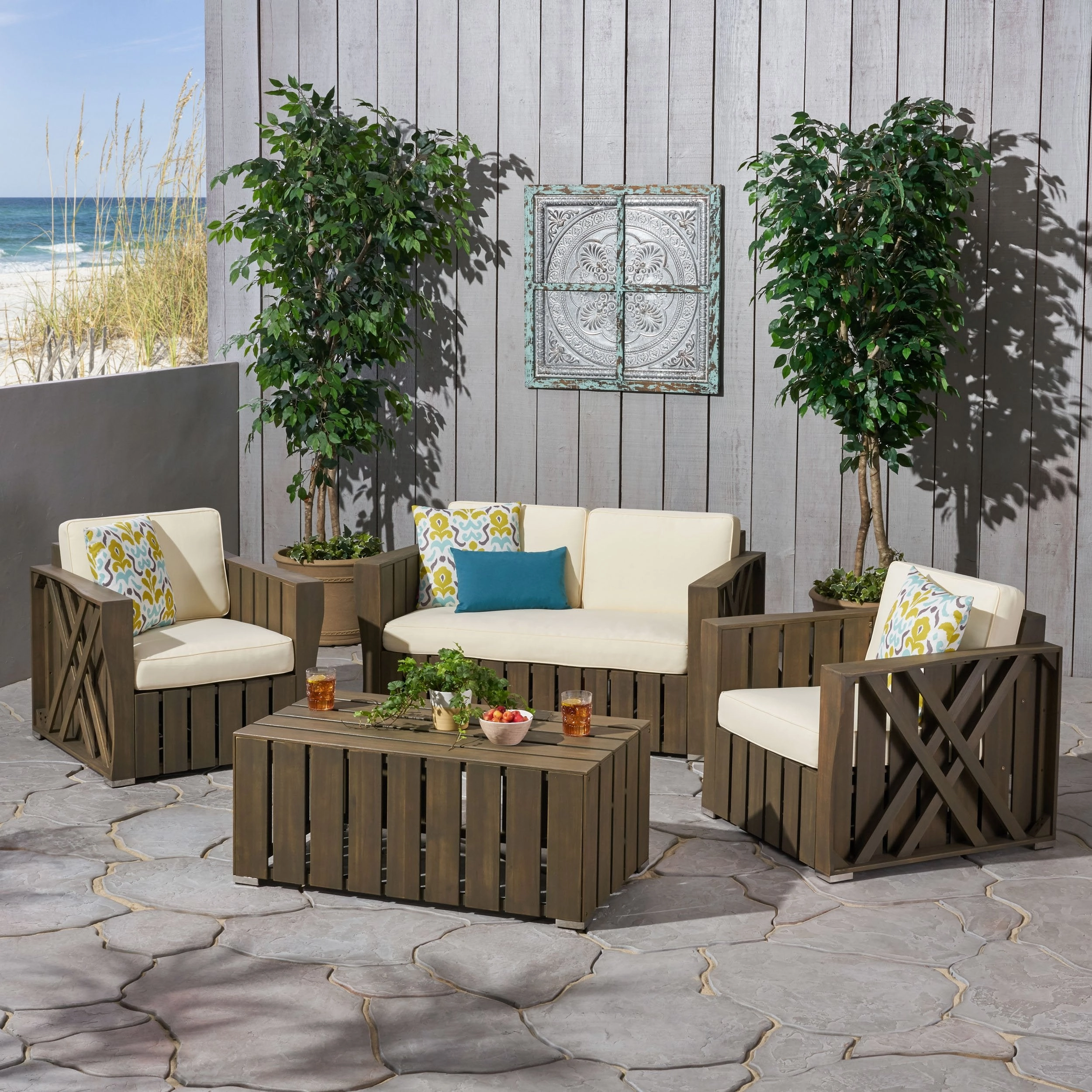 Outdoor 4-piece Acacia Wood Chat Set with Cushions - NH285692 cushion cover, soft furnishing