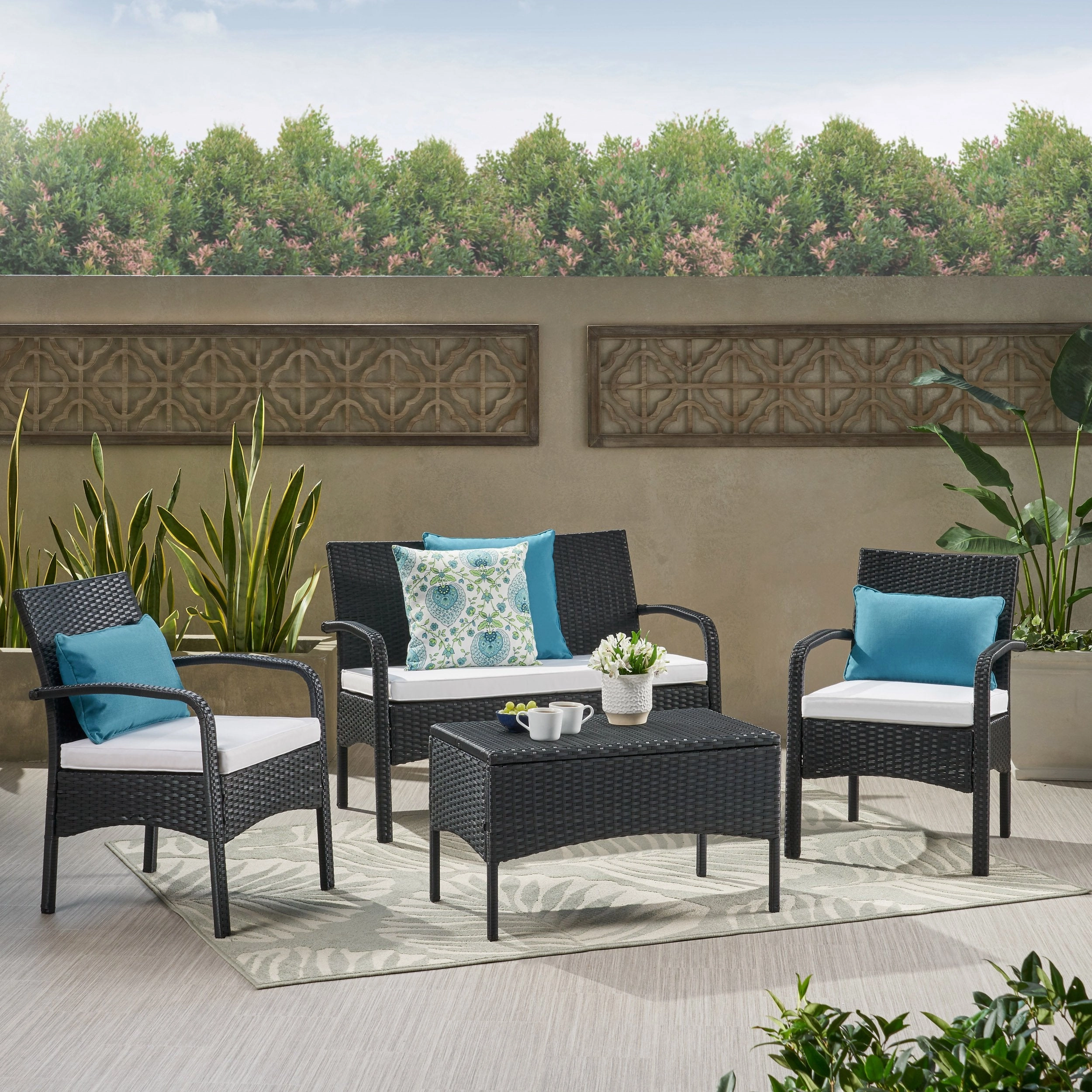 Outdoor 4 Piece Black Wicker Chat Set with White Water Resistant Cushions - NH303303 cushion cover, soft furnishing