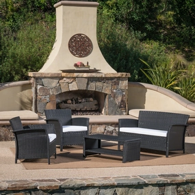 Outdoor 4 Piece Black Wicker Chat Set with White Water Resistant Cushions - NH692303 cushion cover, soft furnishing