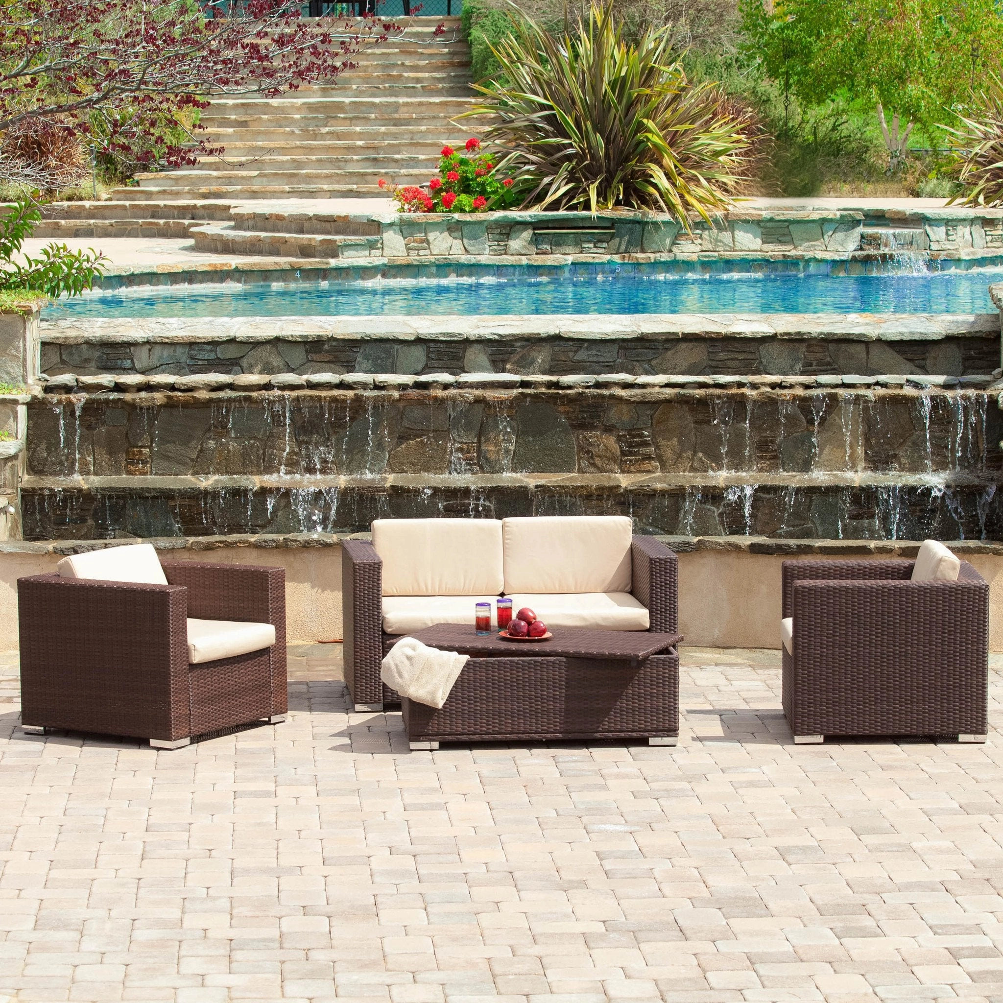 Outdoor 4-Piece Brown Wicker Sofa Set with Storage Ottoman Table - NH382612 cushion cover, soft furnishing