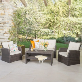 Outdoor 4 Piece Dark Brown Wicker Chat Set with Beige Water Resistant Cushions - NH406992 cushion cover, soft furnishing