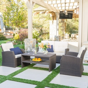 Outdoor 4 Piece Dark Brown Wicker Chat Set with Beige Water Resistant Cushions - NH971932 cushion cover, soft furnishing