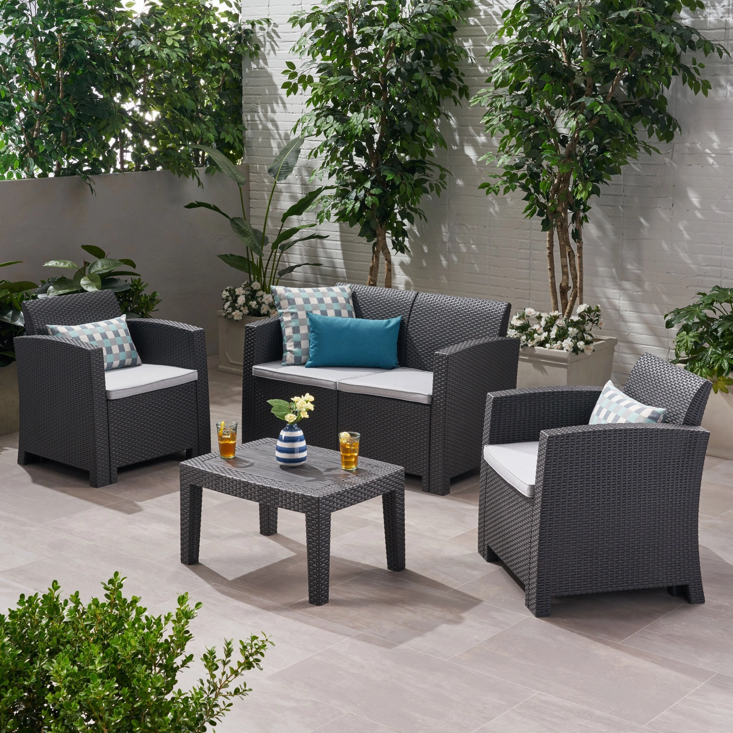 Outdoor 4 Piece Faux Wicker Rattan Chat Set with Water Resistant Cushions - NH516203 cushion cover, soft furnishing