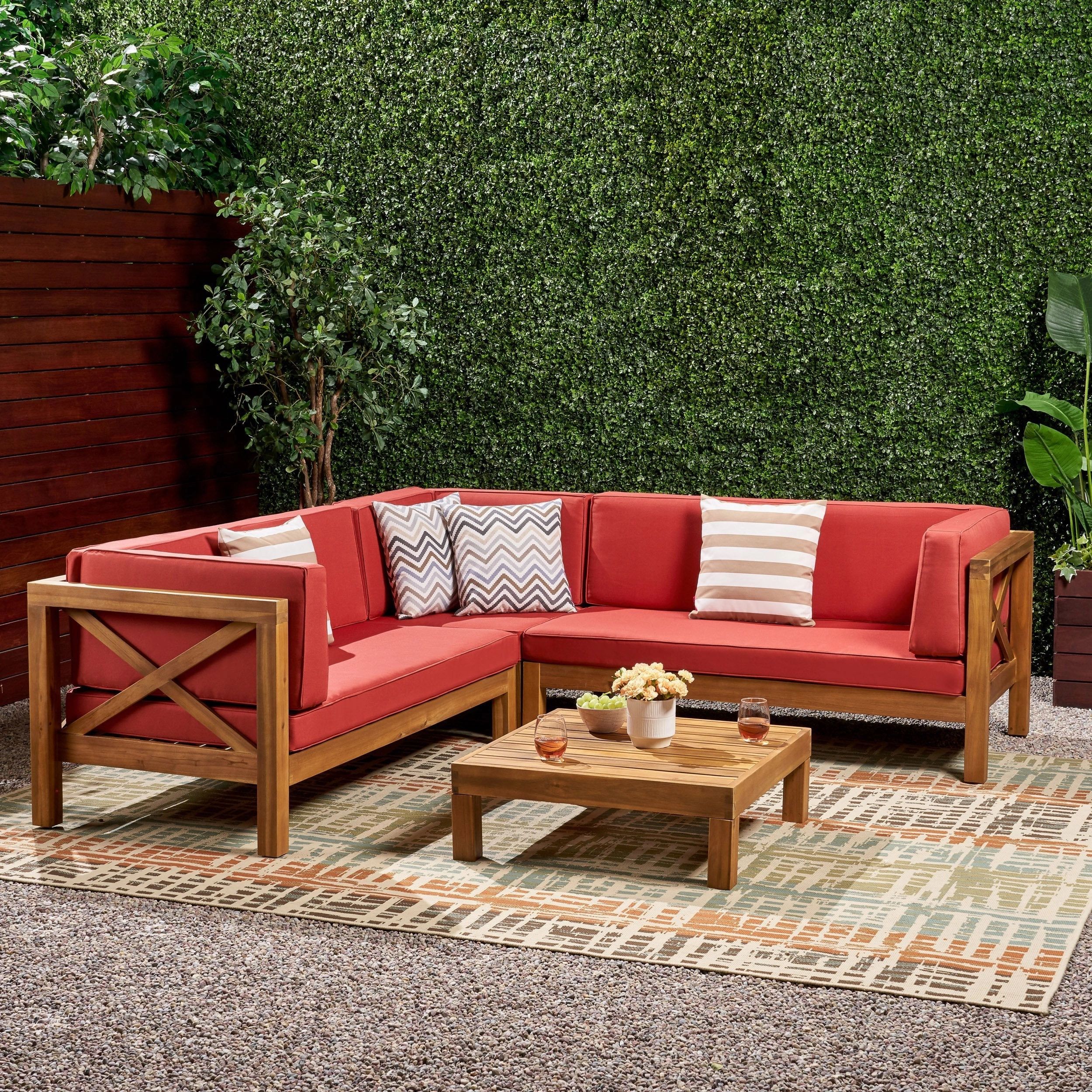 Outdoor 4 Piece V-Shaped Acacia Wood Sectional Sofa and Coffee Table Set - NH121992
