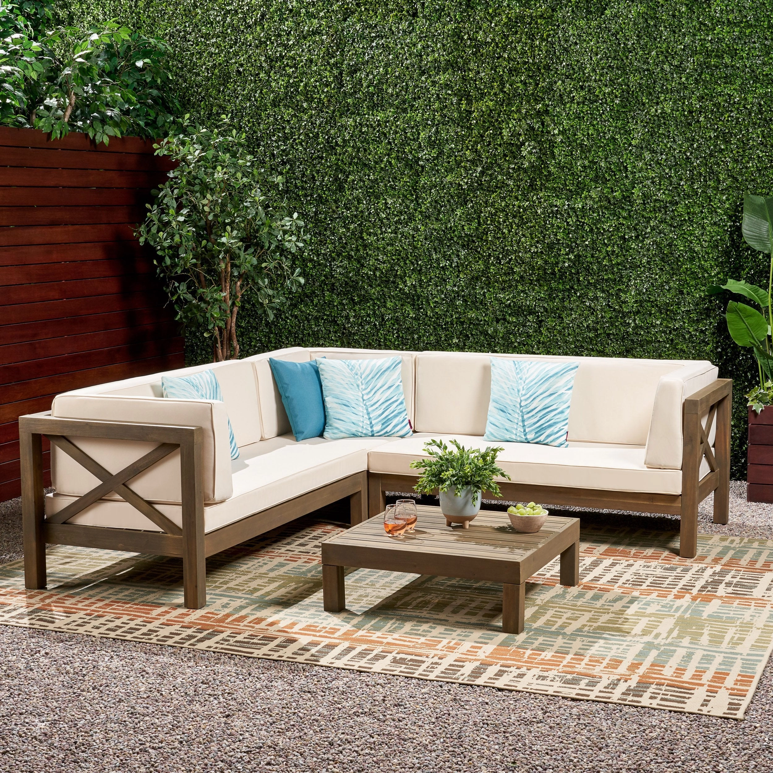 Outdoor 4 Piece V-Shaped Acacia Wood Sectional Sofa and Coffee Table Set - NH121992