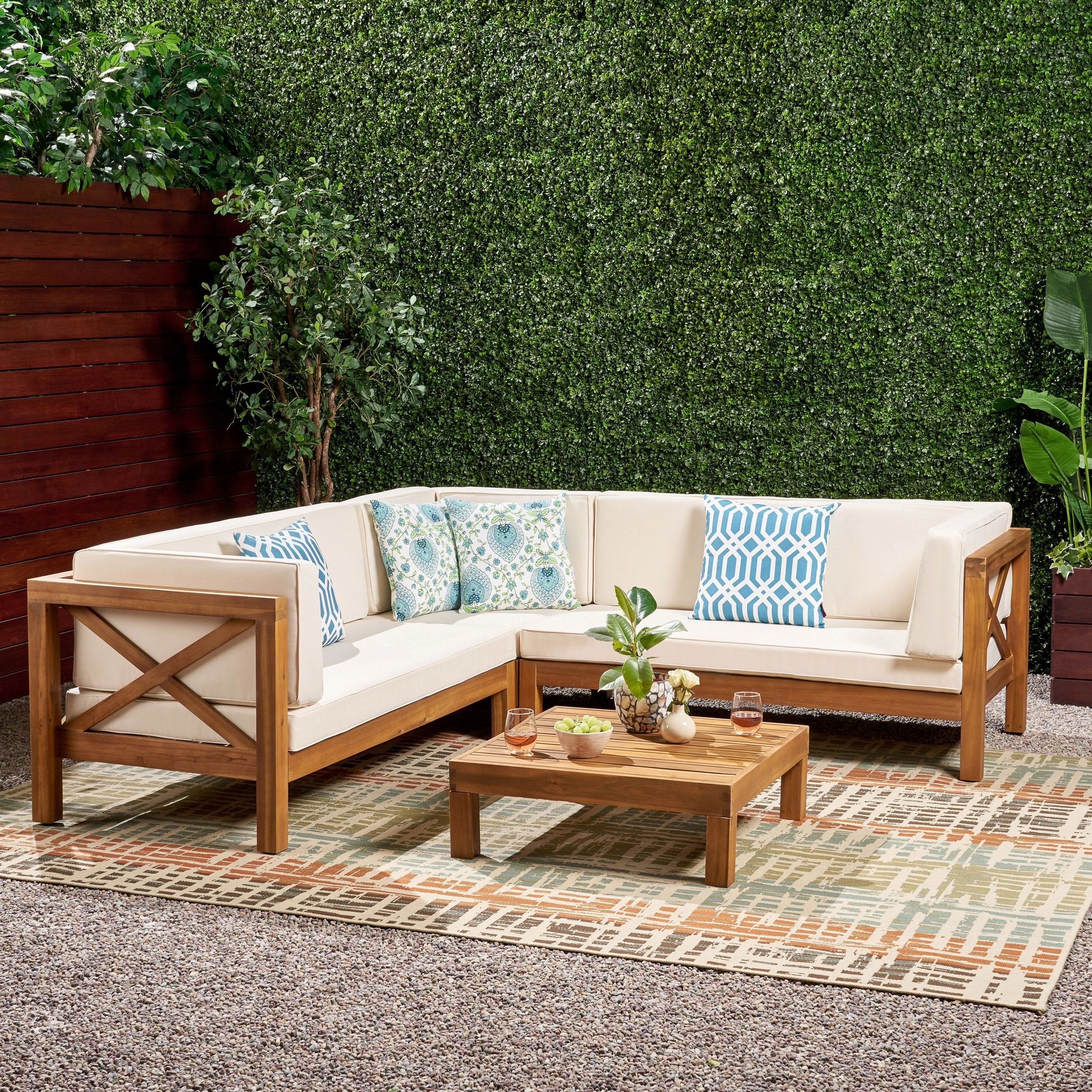 Outdoor 4 Piece V-Shaped Acacia Wood Sectional Sofa and Coffee Table Set - NH121992 cushion cover, soft furnishing