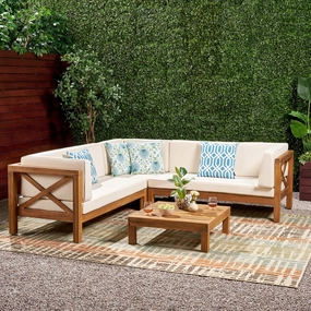 Outdoor 4 Piece V-Shaped Acacia Wood Sectional Sofa and Coffee Table Set - NH121992 cushion cover, soft furnishing