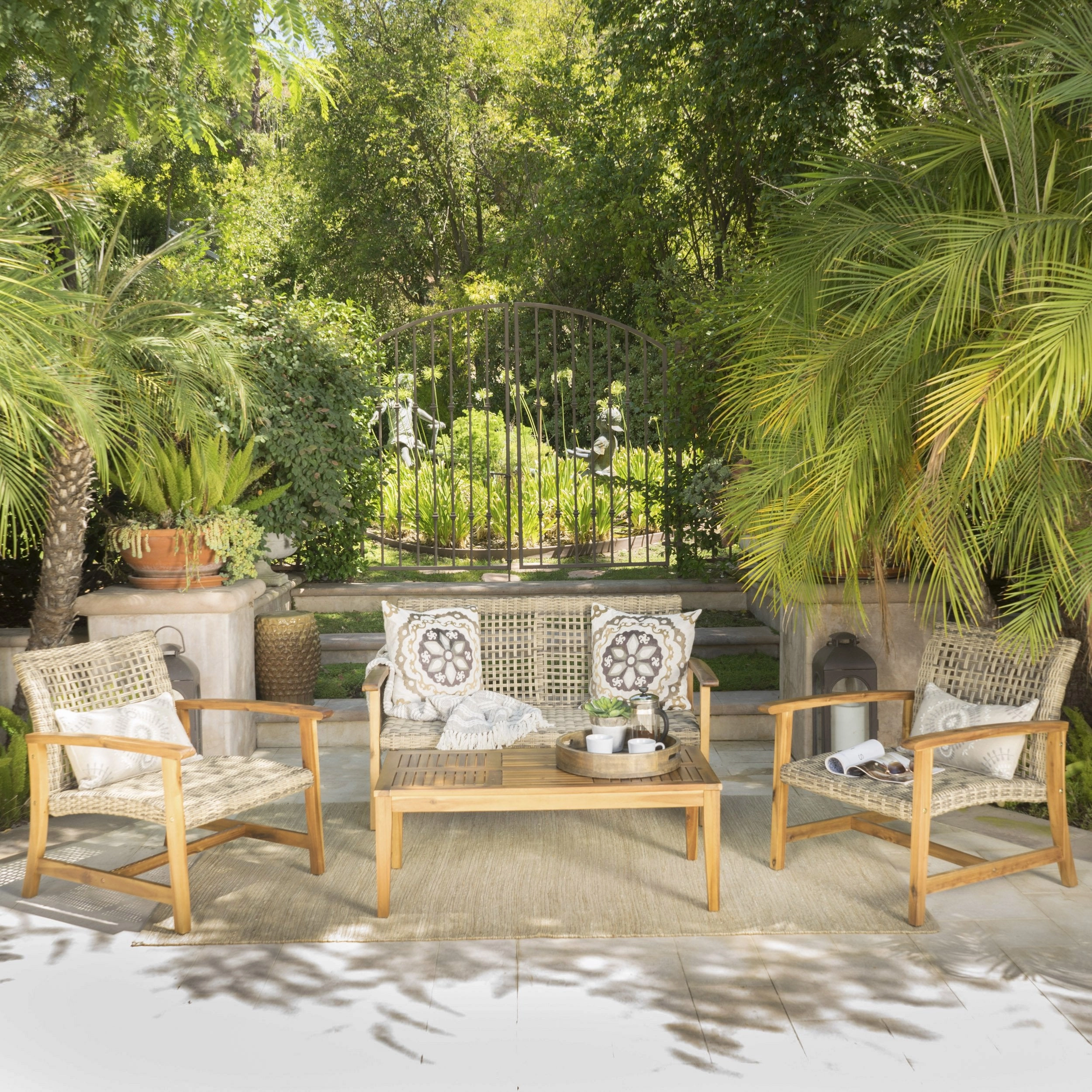 Outdoor 4 Piece Wicker Chat Set with Natural Stained Acacia Wood Frame - NH517103 clothes rack, garment rack