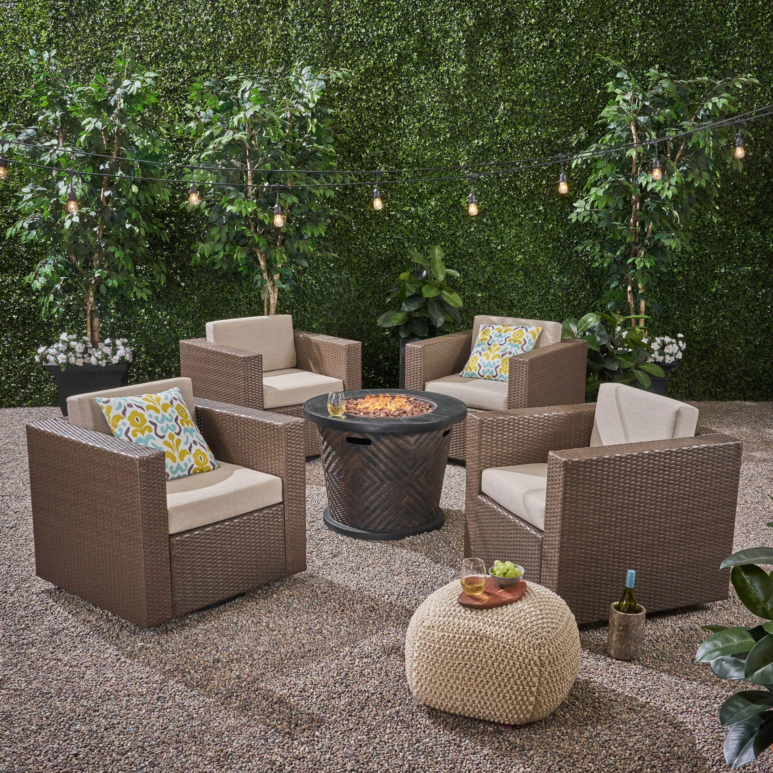 Outdoor 4 Piece Wicker Swivel Chair Set with Fire Pit, Brown and Brown - NH708703 clothes rack, garment rack
